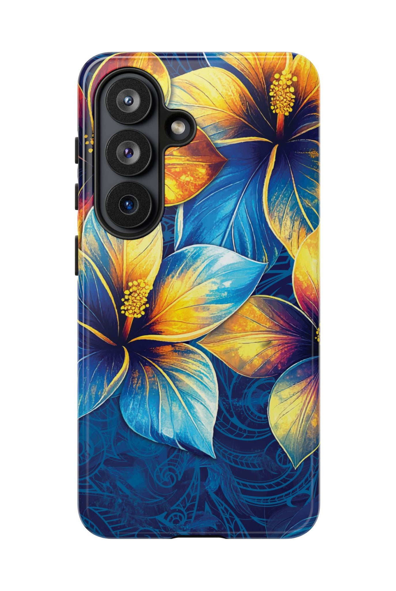 Woman holding Pua La Tough Samsung Galaxy Case - Hawaiian Golden Hibiscus Sun Flower Sapphire Design - The Local Banyan