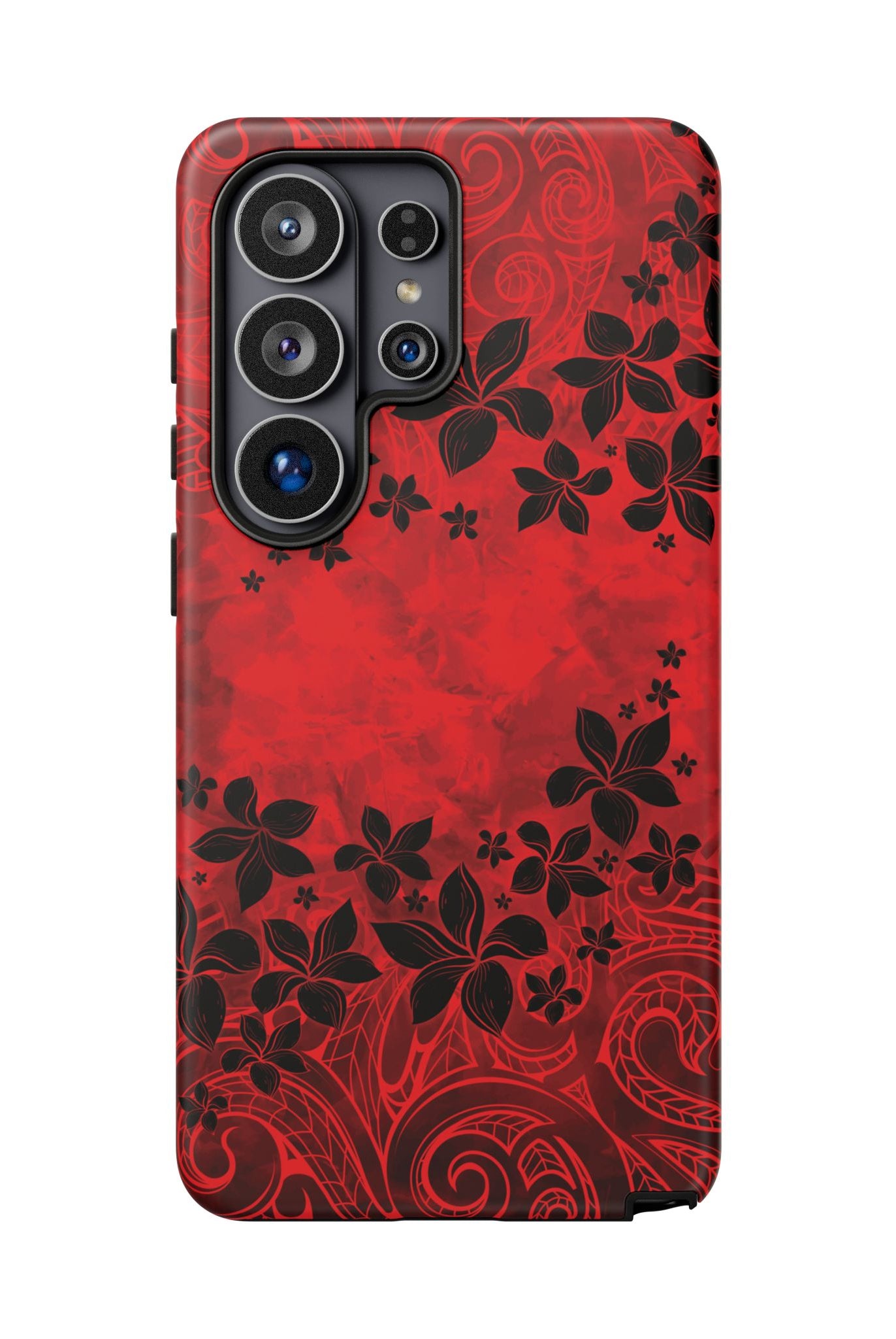 Woman holding Keahi Pua Tough Samsung Galaxy Case - Hawaiian Fire Flower Red Tribal Floral Design - The Local Banyan