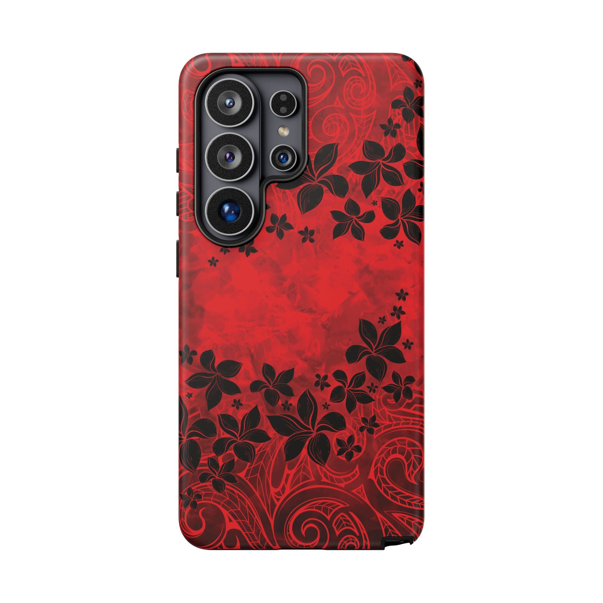 Woman holding Keahi Pua Tough Samsung Galaxy Case - Hawaiian Fire Flower Red Tribal Floral Design - The Local Banyan