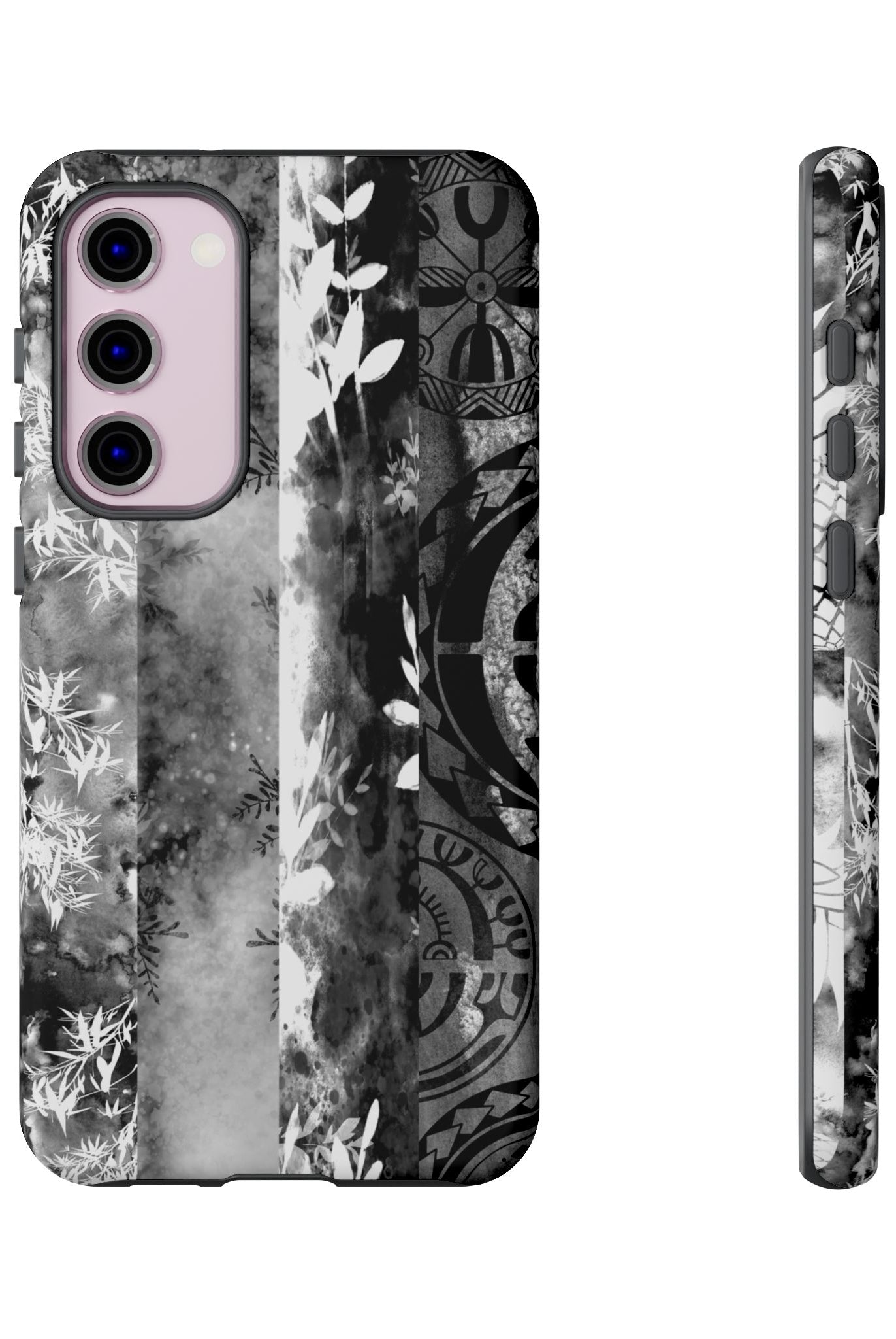 Woman holding Monochrome Oasis Tough Samsung Galaxy Case - Hawaiian Black White Botanical Tribal Design - The Local Banyan