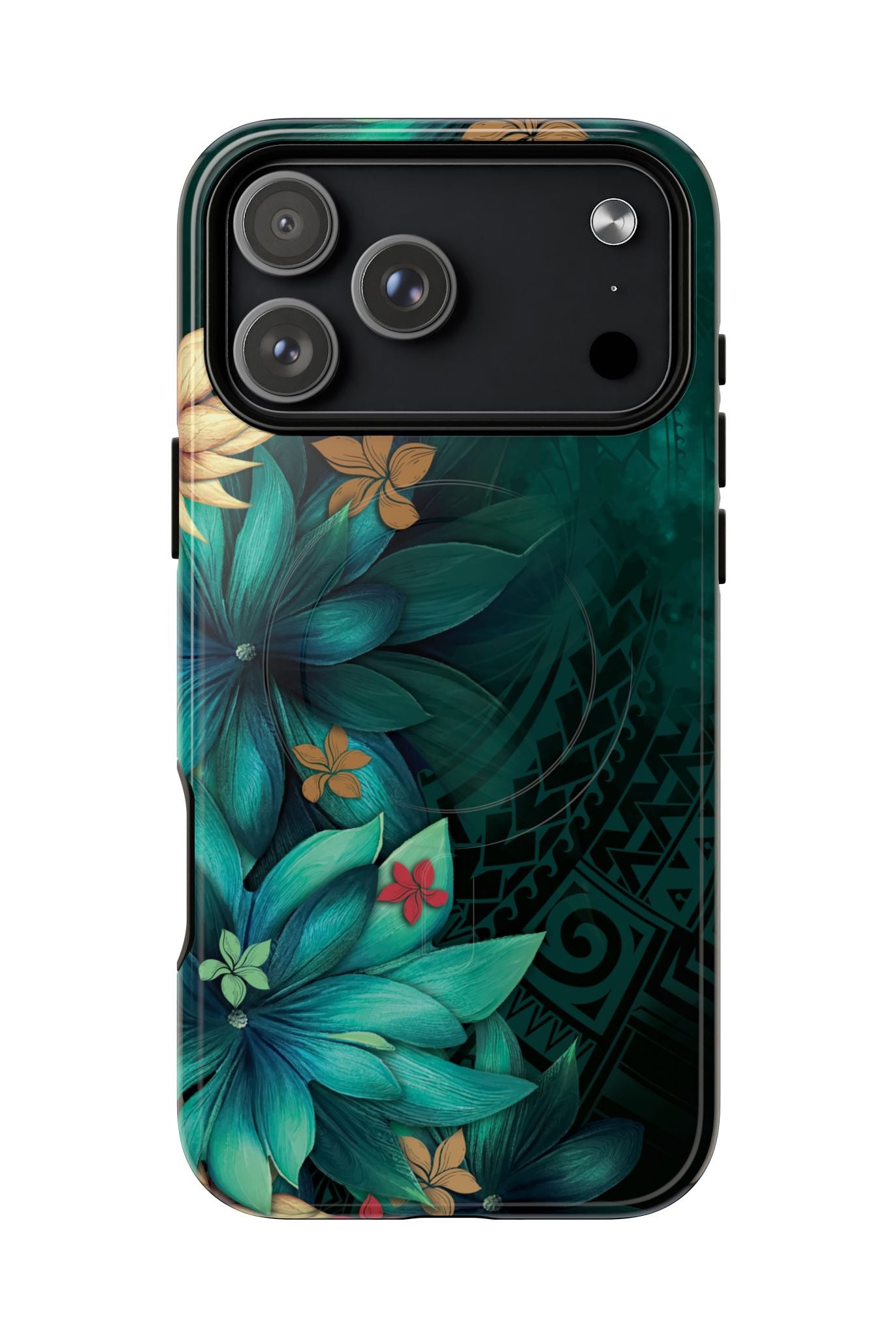 Aloha Whispers MagSafe iPhone Case Detail View - Hawaiian Abstract Green Floral Polynesian Design Close Up - The Local Banyan