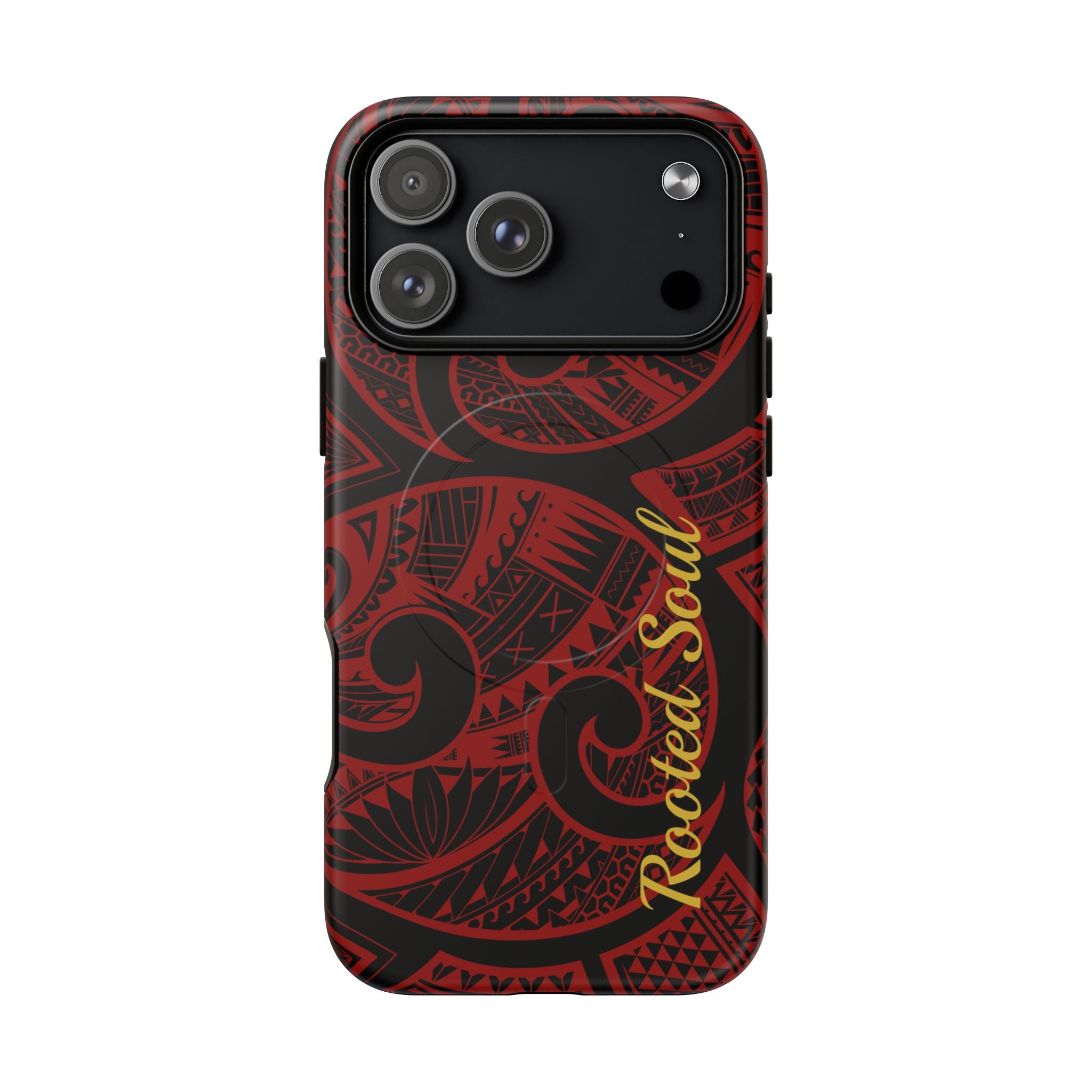 Island Tribal Personalized MagSafe iPhone Case Detail View - Hawaiian Crimson Red Polynesian Tribal Design Close Up - The Local Banyan