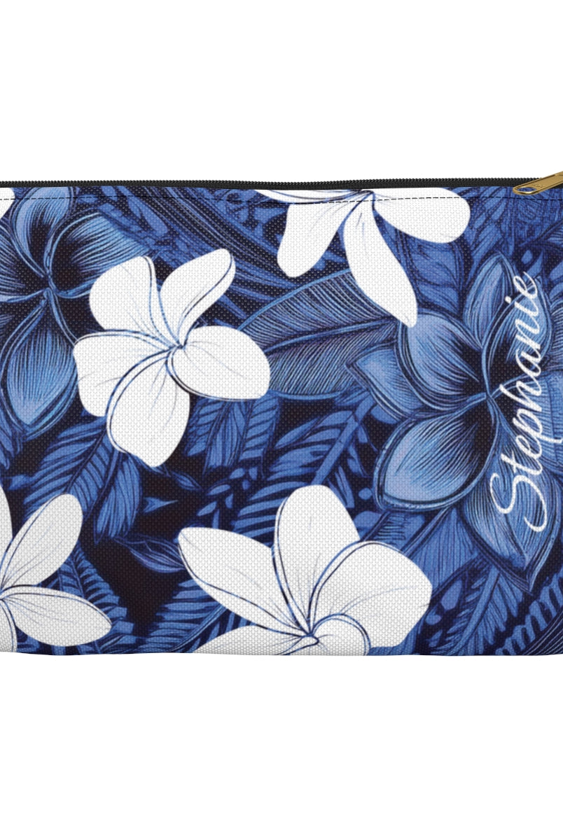 Eternal Blue Plumeria Personalized Travel Pouch Pouches The Local Banyan Black zipper Small