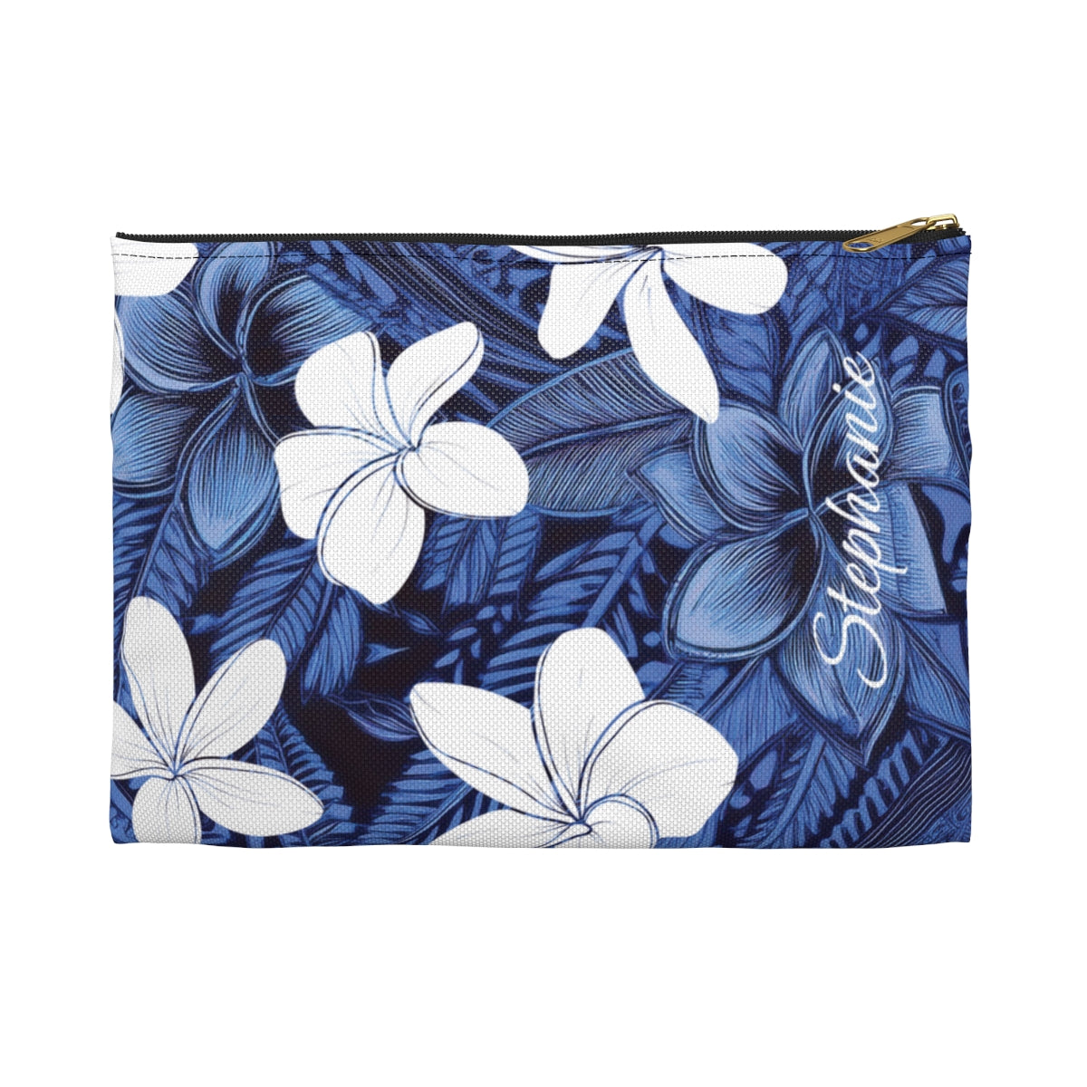 Eternal Blue Plumeria Personalized Travel Pouch Pouches The Local Banyan Black zipper Small