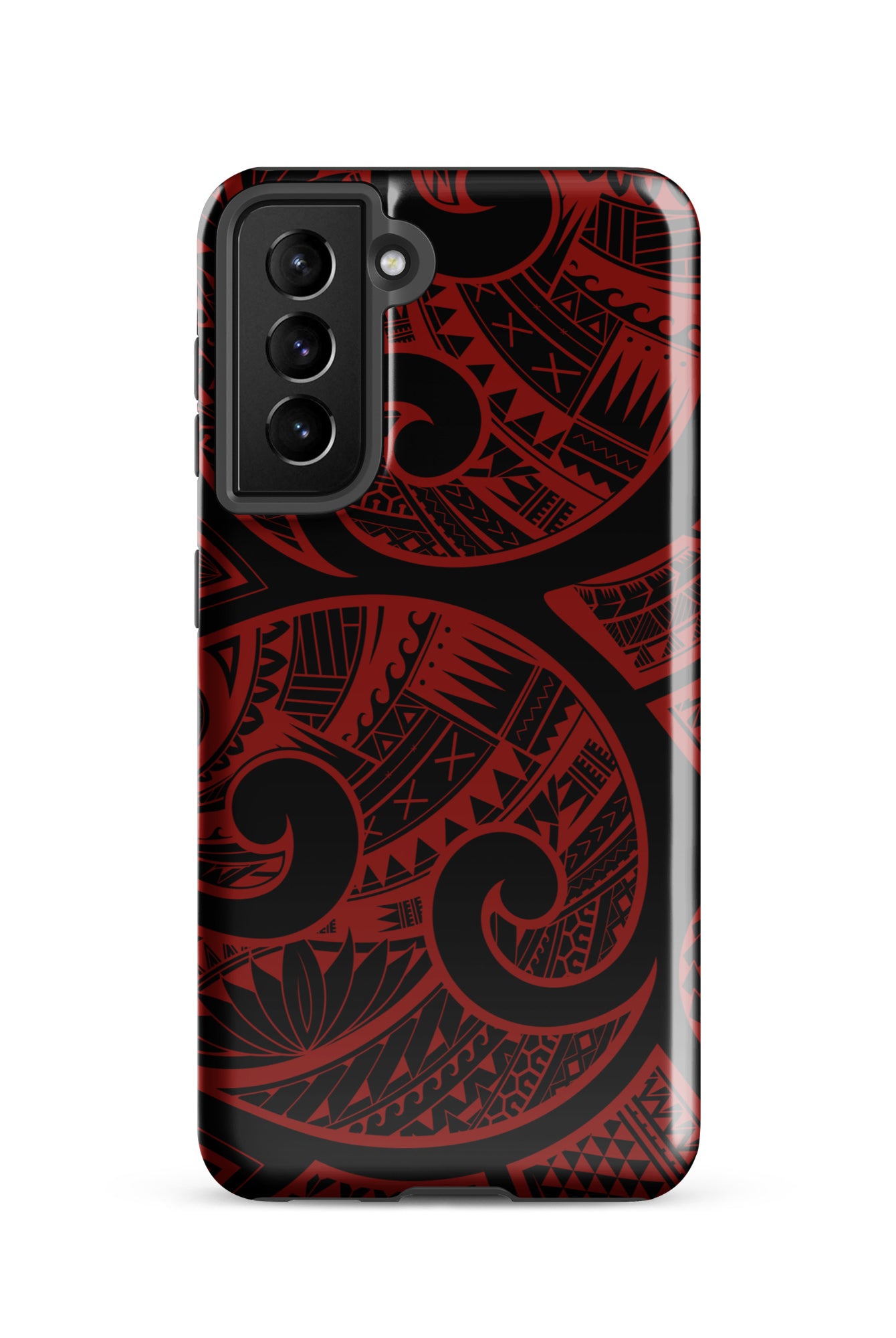 Red Tribal Tough Samsung Galaxy Case Side View - Dual Layer Drop Protection Hawaiian Phone Case - The Local Banyan