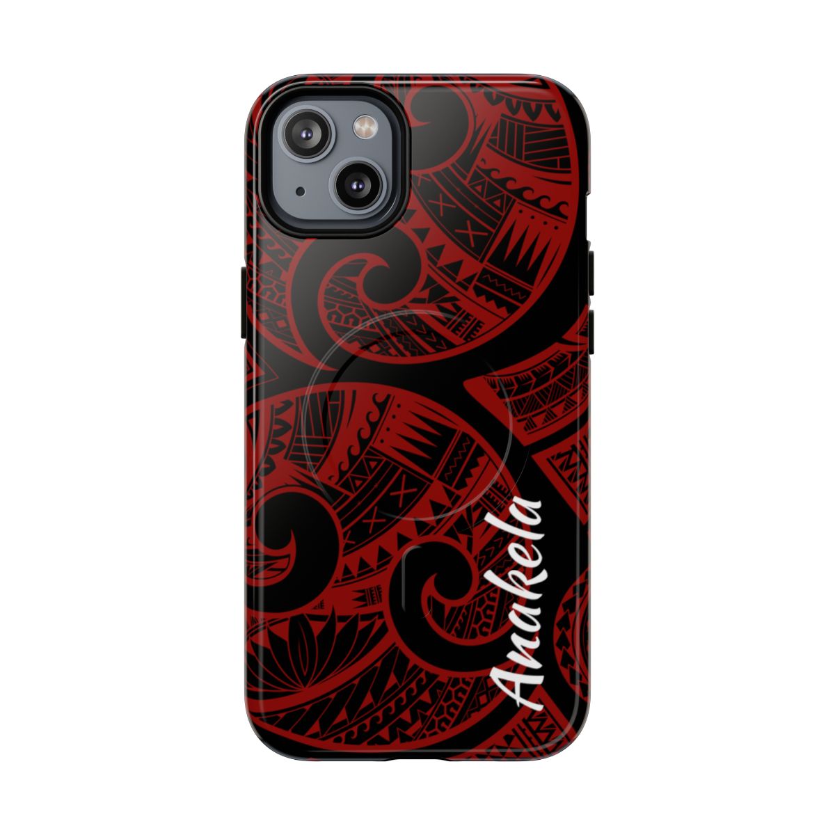 Woman holding Island Tribal Personalized MagSafe iPhone Case - Hawaiian Crimson Red Polynesian Tribal Design - The Local Banyan
