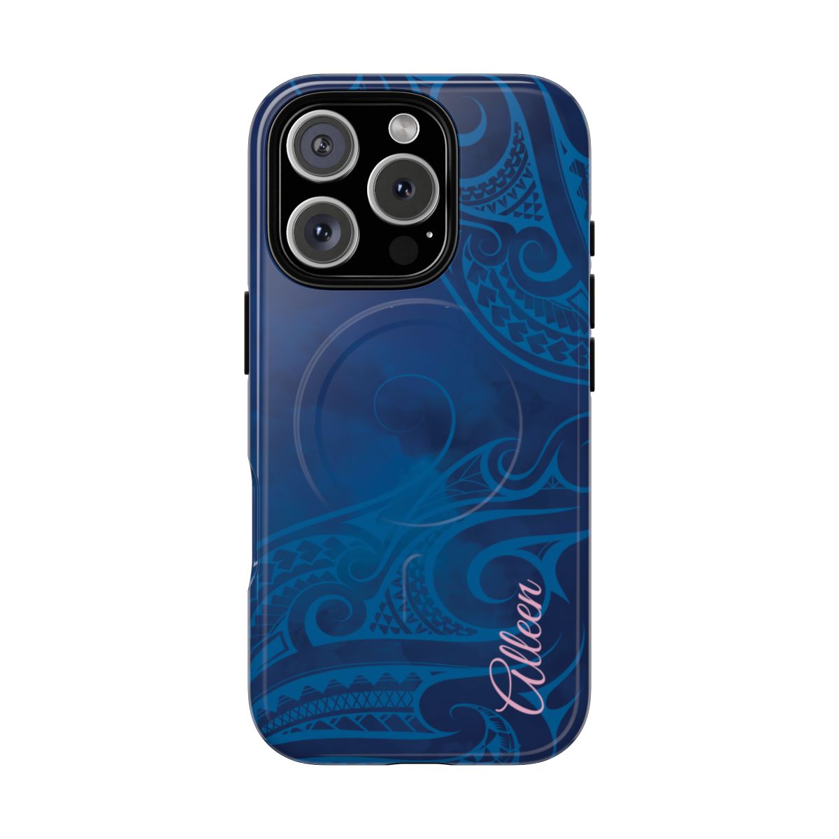 Woman holding Kai Legacy Personalized MagSafe iPhone Case - Hawaiian Ocean Blue Polynesian Tribal Design - The Local Banyan