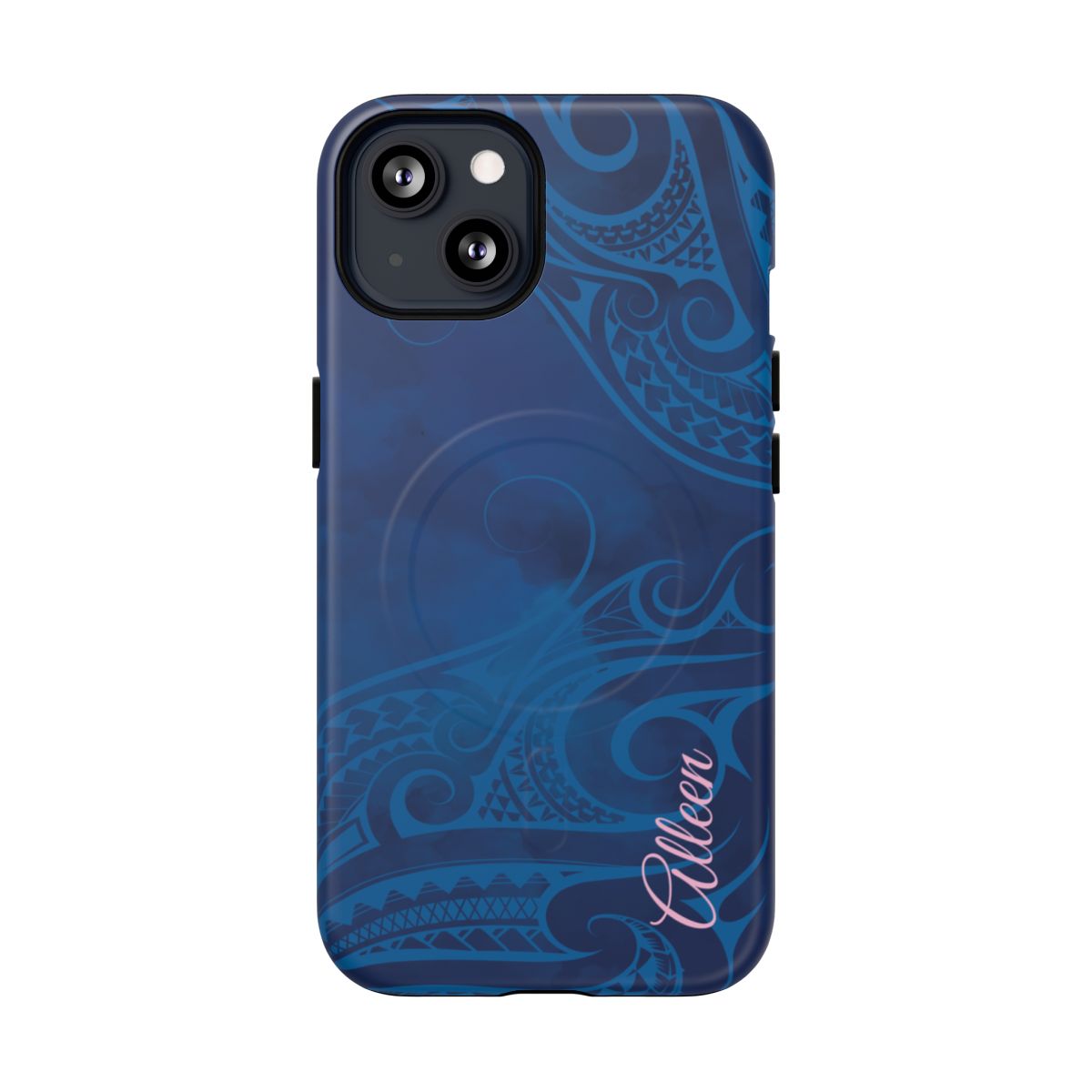 Woman holding Kai Legacy Personalized MagSafe iPhone Case - Hawaiian Ocean Blue Polynesian Tribal Design - The Local Banyan