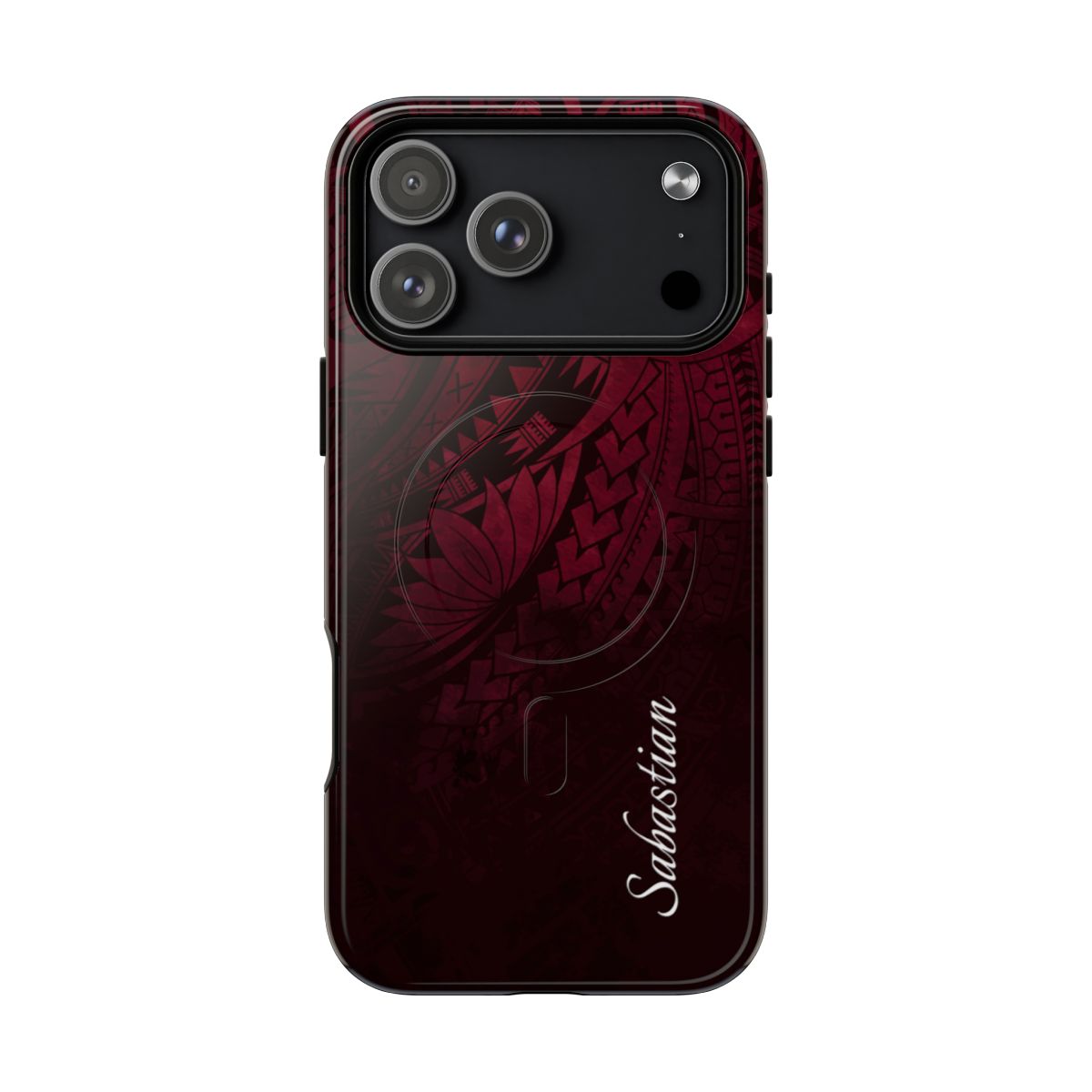 Woman holding Eternal Ember Personalized MagSafe iPhone Case - Hawaiian Red Tribal Polynesian Design - The Local Banyan
