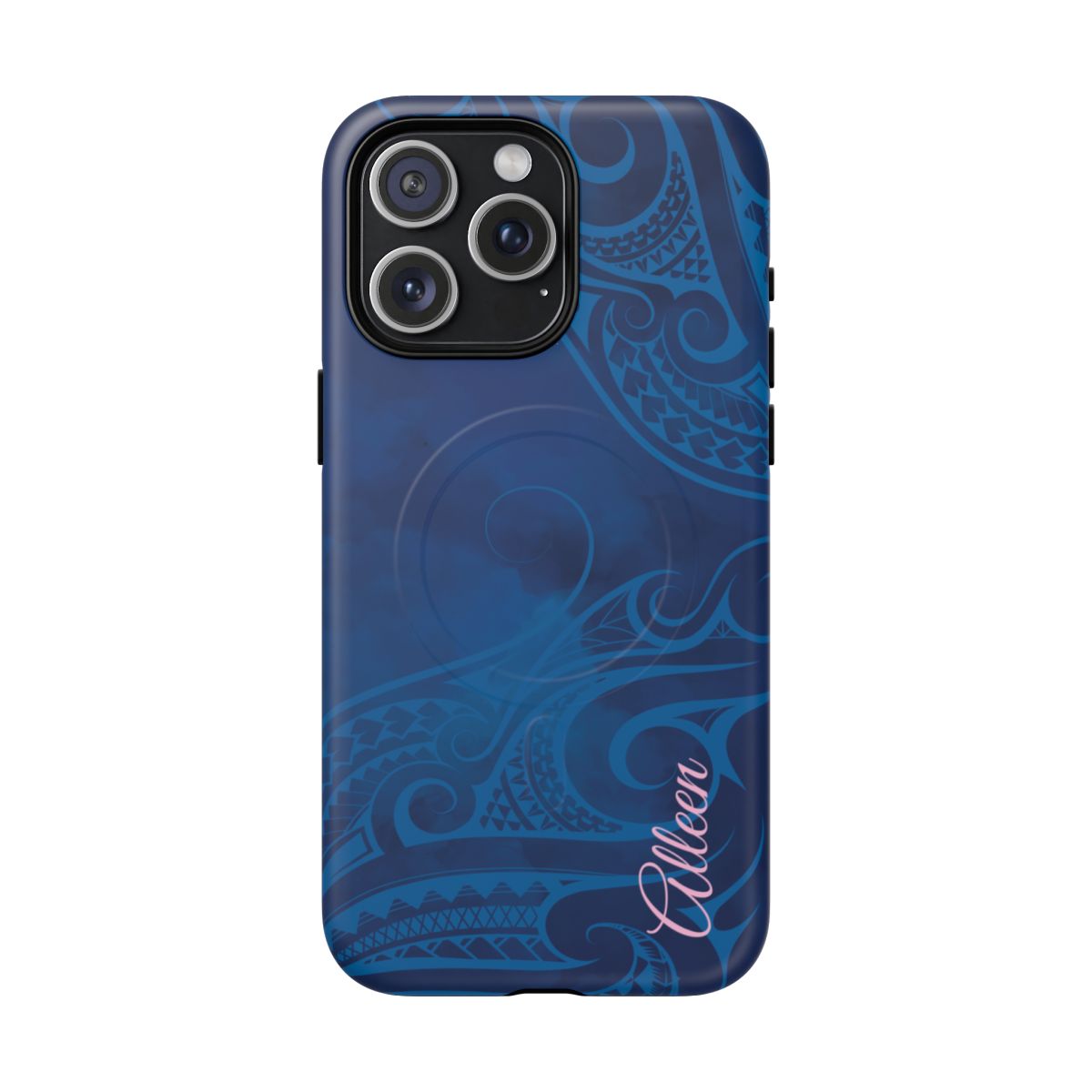 Woman holding Kai Legacy Personalized MagSafe iPhone Case - Hawaiian Ocean Blue Polynesian Tribal Design - The Local Banyan