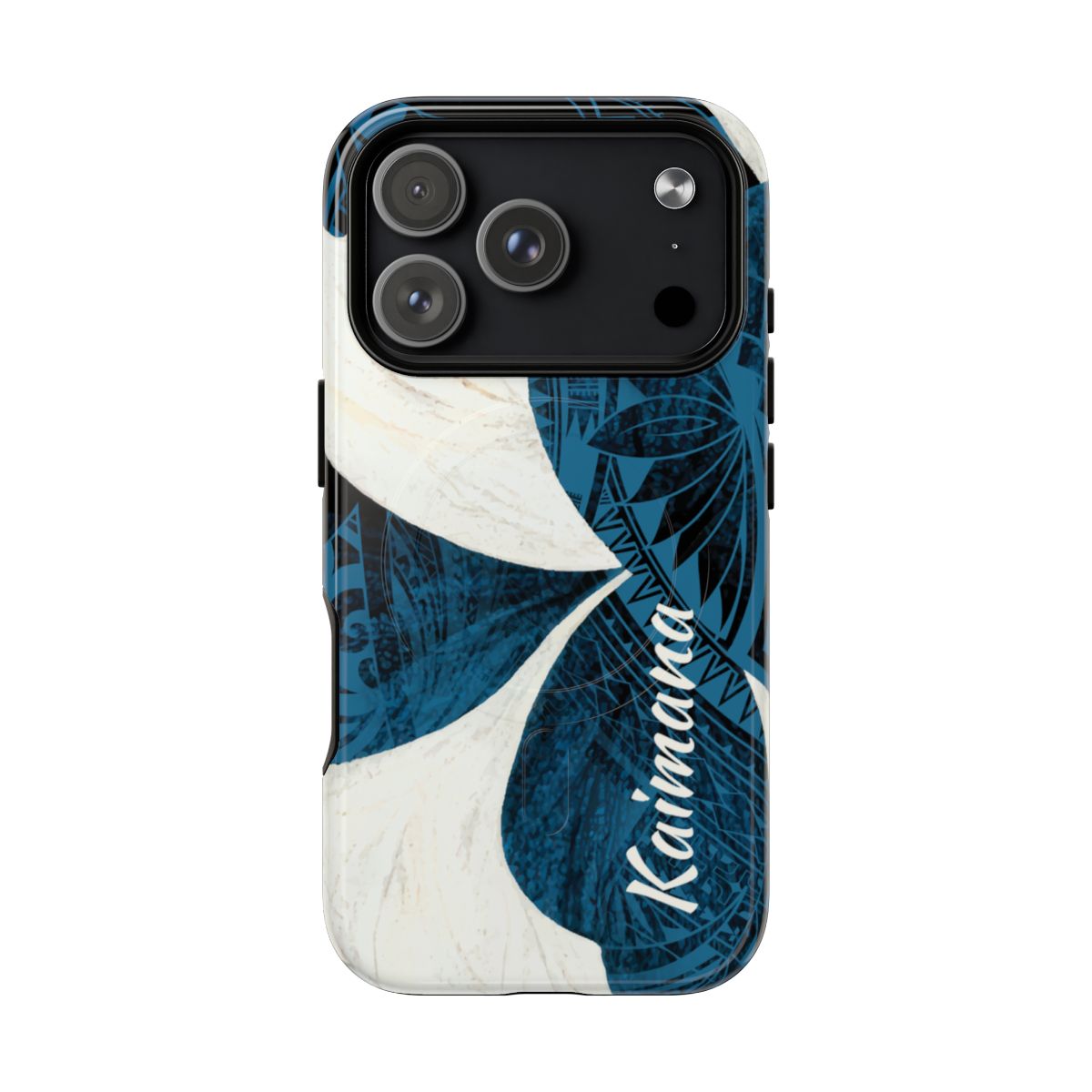 Woman holding Hana Breeze Personalized MagSafe iPhone Case - Hawaiian Blue Plumeria Polynesian Botanical Design - The Local Banyan