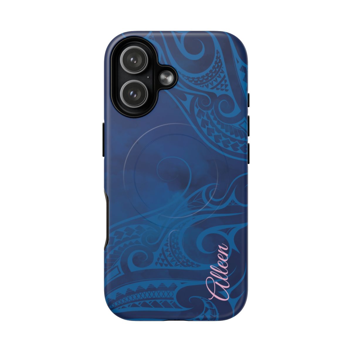 Woman holding Kai Legacy Personalized MagSafe iPhone Case - Hawaiian Ocean Blue Polynesian Tribal Design - The Local Banyan