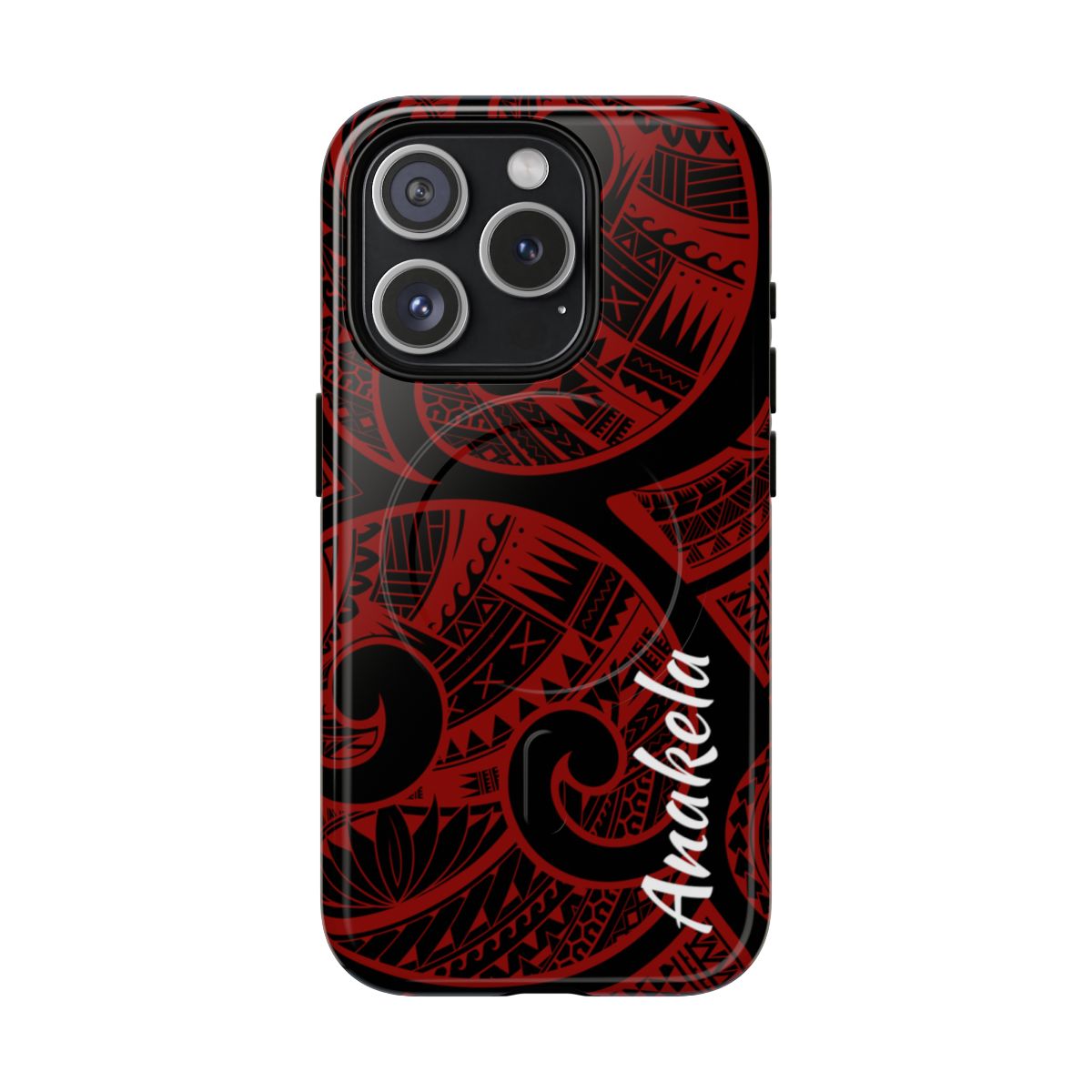 Woman holding Island Tribal Personalized MagSafe iPhone Case - Hawaiian Crimson Red Polynesian Tribal Design - The Local Banyan