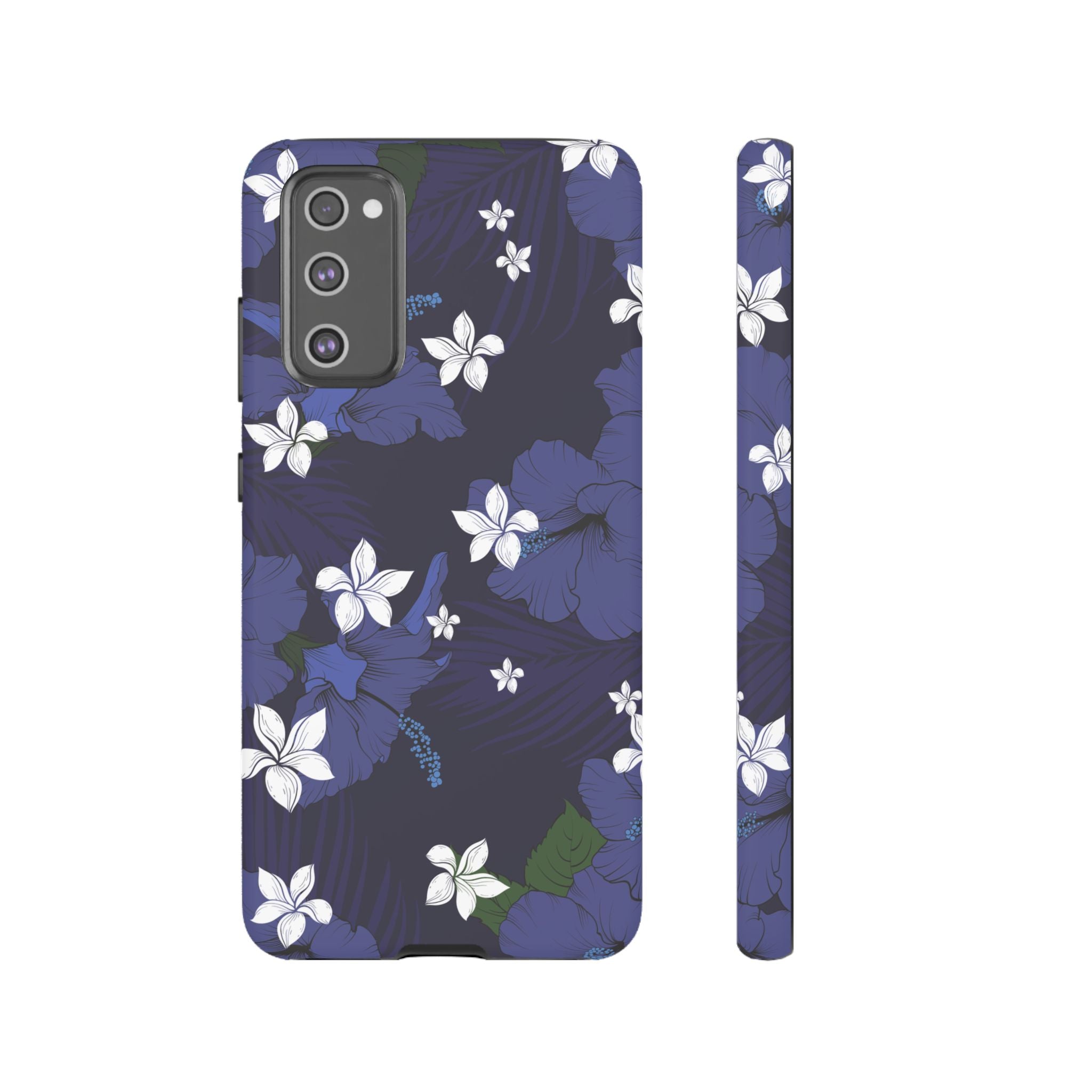 Vintage Blue Tough Samsung Galaxy Case Samsung Galaxy S20 FE Matte - Hawaiian Indigo Hibiscus White Plumeria Design - The Local Banyan
