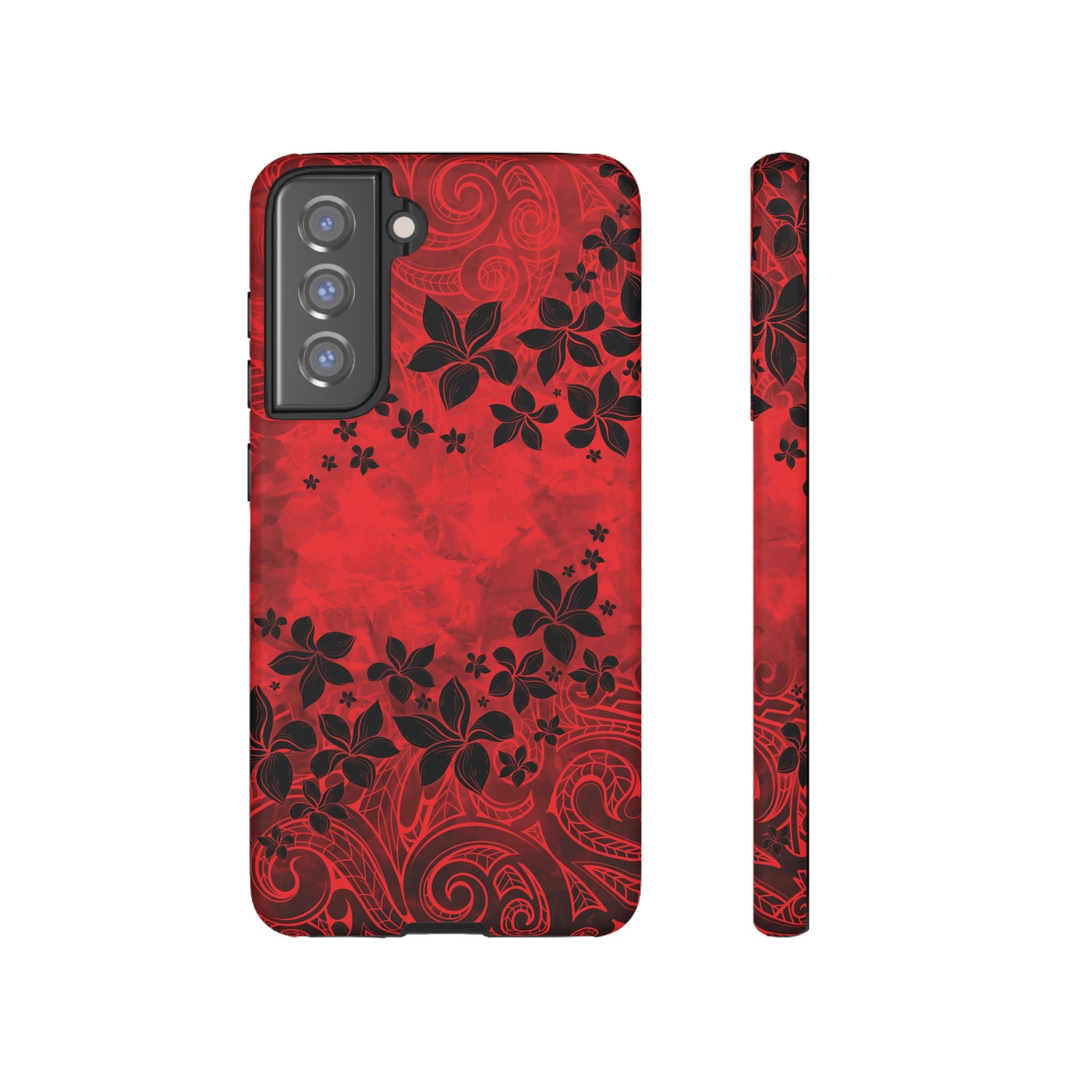 Keahi Pua Tough Samsung Galaxy Case Samsung Galaxy S21 FE Matte - Hawaiian Fire Flower Red Tribal Floral Design - The Local Banyan