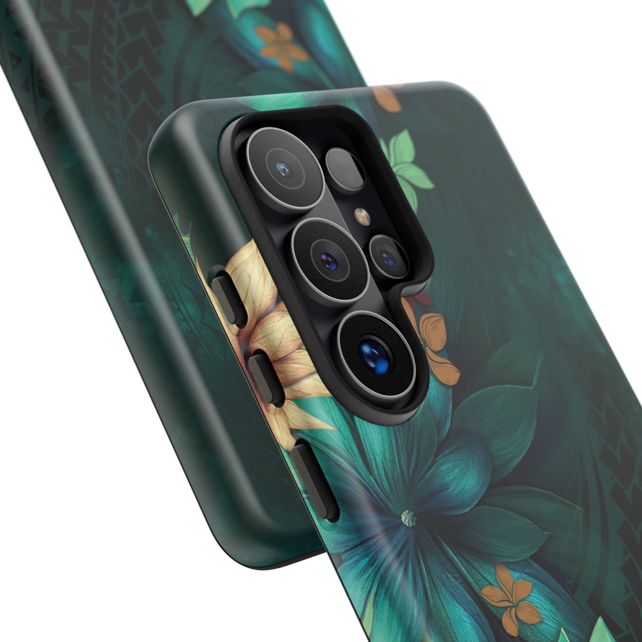 Aloha Whispers Tough Samsung Galaxy Case Detail View - Hawaiian Abstract Green Floral Polynesian Design Close Up - The Local Banyan