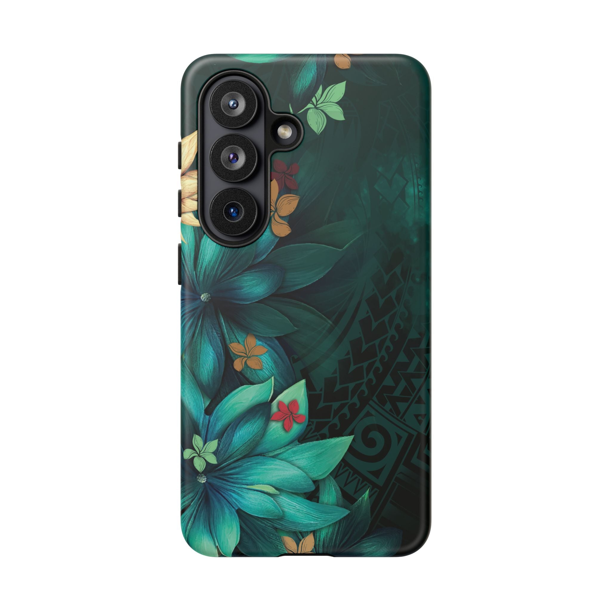 Woman holding Aloha Whispers Tough Samsung Galaxy Case - Hawaiian Abstract Green Floral Polynesian Design - The Local Banyan