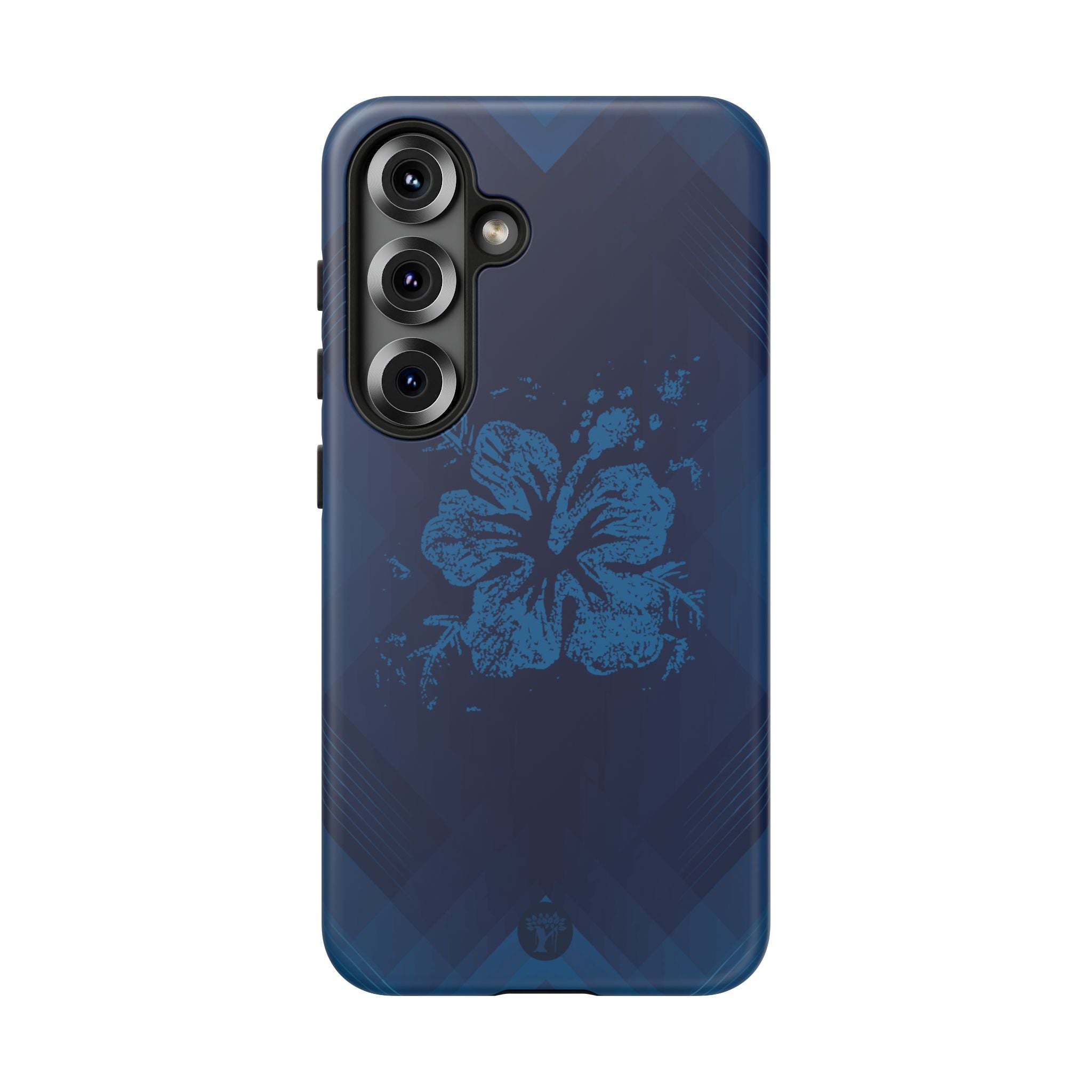 Woman holding Kikokiko Lehua Tough Samsung Galaxy Case - Hawaiian Navy Blue Geometric Hibiscus Design - The Local Banyan