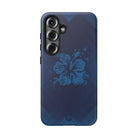 Woman holding Kikokiko Lehua Tough Samsung Galaxy Case - Hawaiian Navy Blue Geometric Hibiscus Design - The Local Banyan
