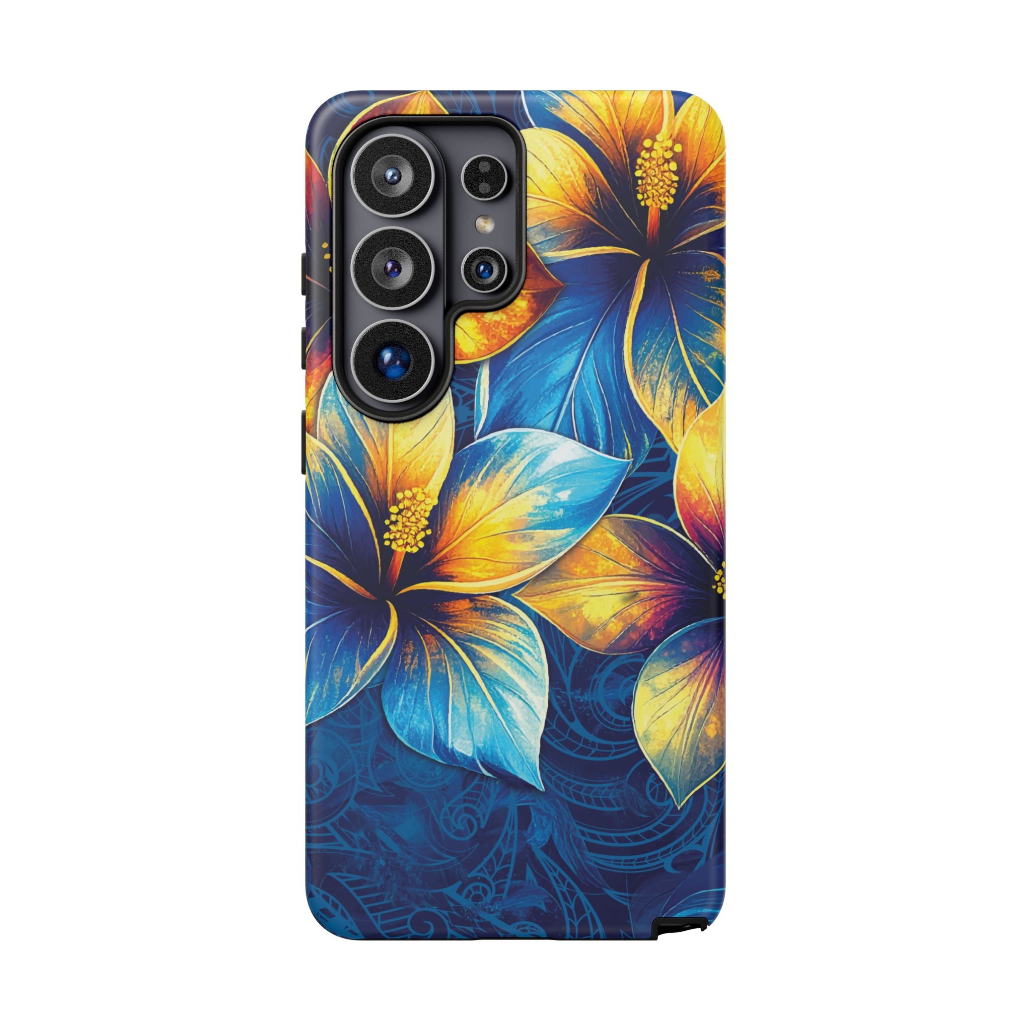 Woman holding Pua La Tough Samsung Galaxy Case - Hawaiian Golden Hibiscus Sun Flower Sapphire Design - The Local Banyan