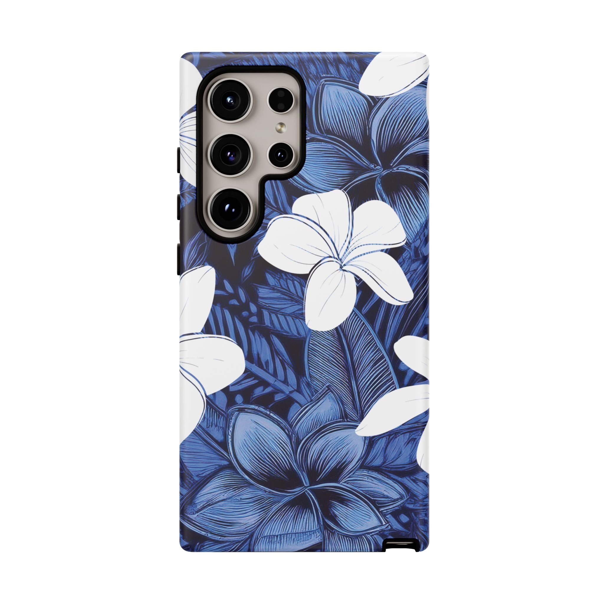 Woman holding Eternal Blue Plumeria Tough Samsung Galaxy Case - Hawaiian Blue Plumeria Ocean Floral Design - The Local Banyan