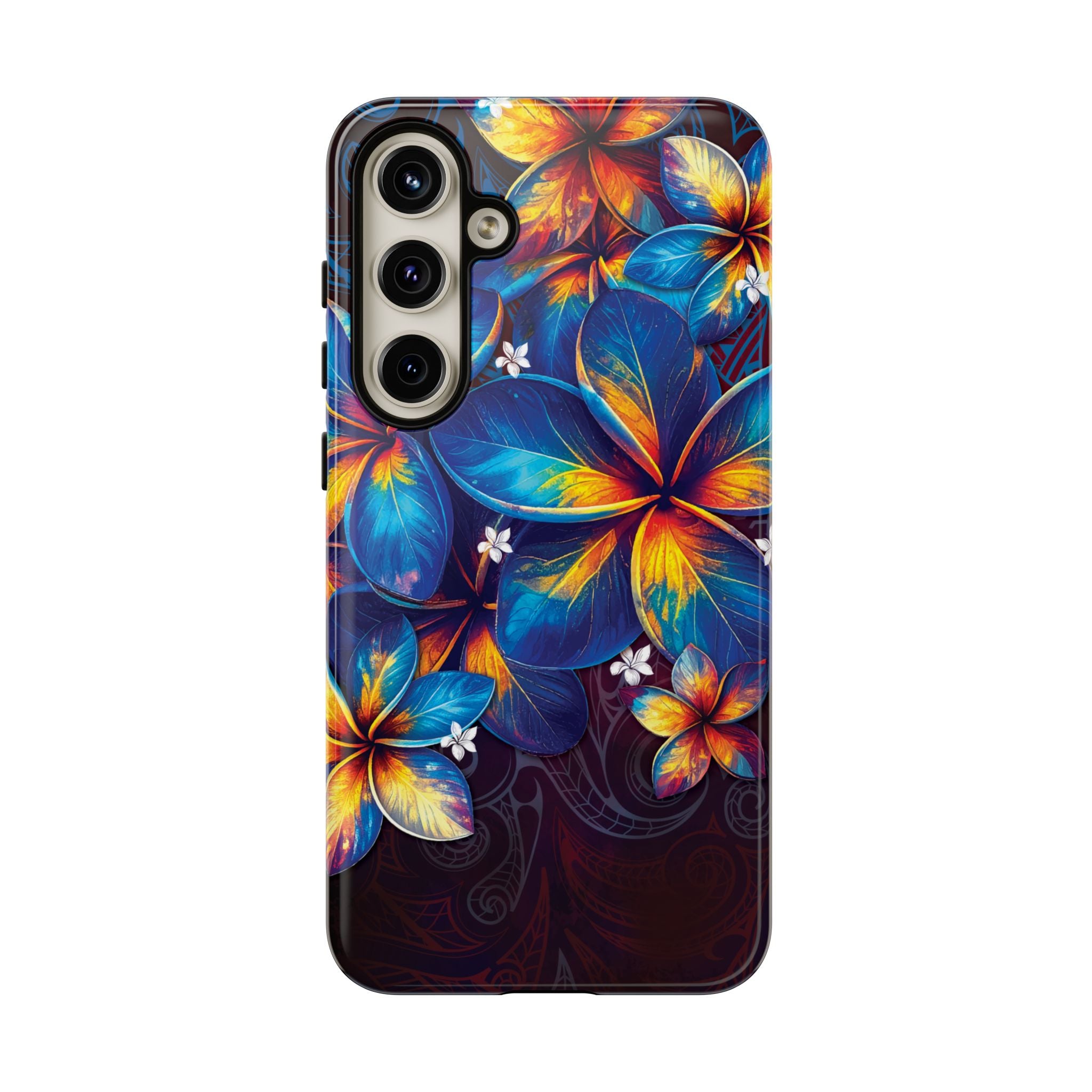 Woman holding Nohea Twilight Tough Samsung Galaxy Case - Hawaiian Blue Orange Plumeria Twilight Design - The Local Banyan