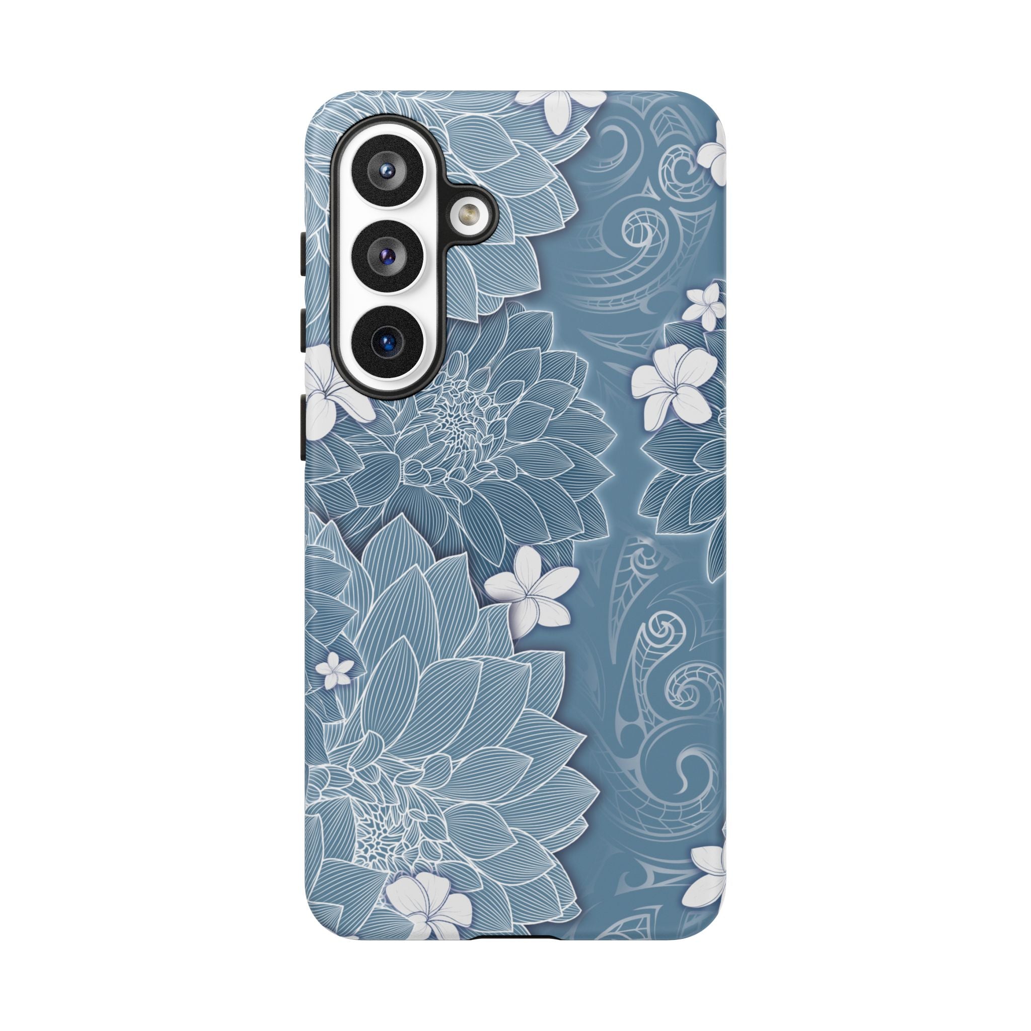 Woman holding Pua La Tough Samsung Galaxy Case - Hawaiian Golden Hibiscus Sun Flower Sapphire Design - The Local Banyan
