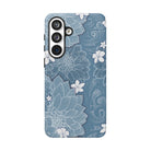 Woman holding Pua La Tough Samsung Galaxy Case - Hawaiian Golden Hibiscus Sun Flower Sapphire Design - The Local Banyan