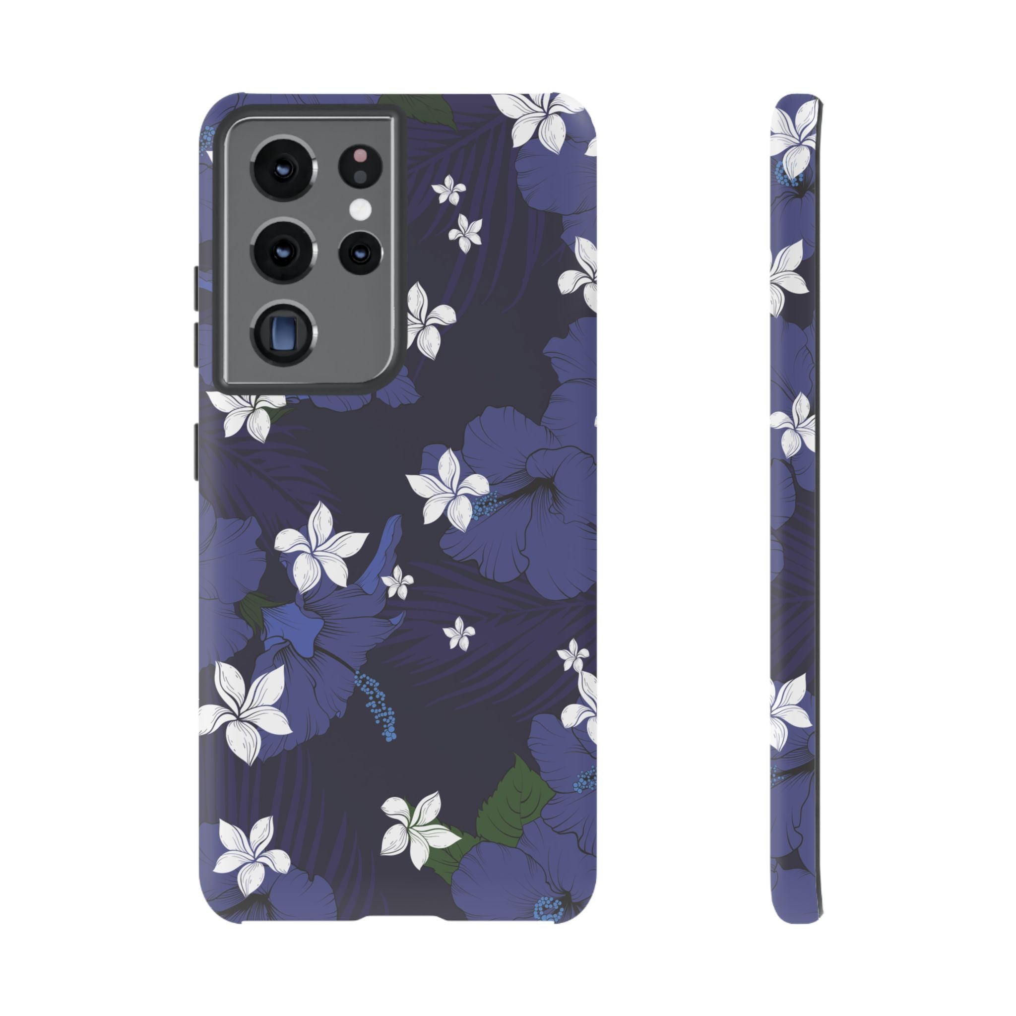 Vintage Blue Tough Samsung Galaxy Case Samsung Galaxy S21 Ultra Matte - Hawaiian Indigo Hibiscus White Plumeria Design - The Local Banyan