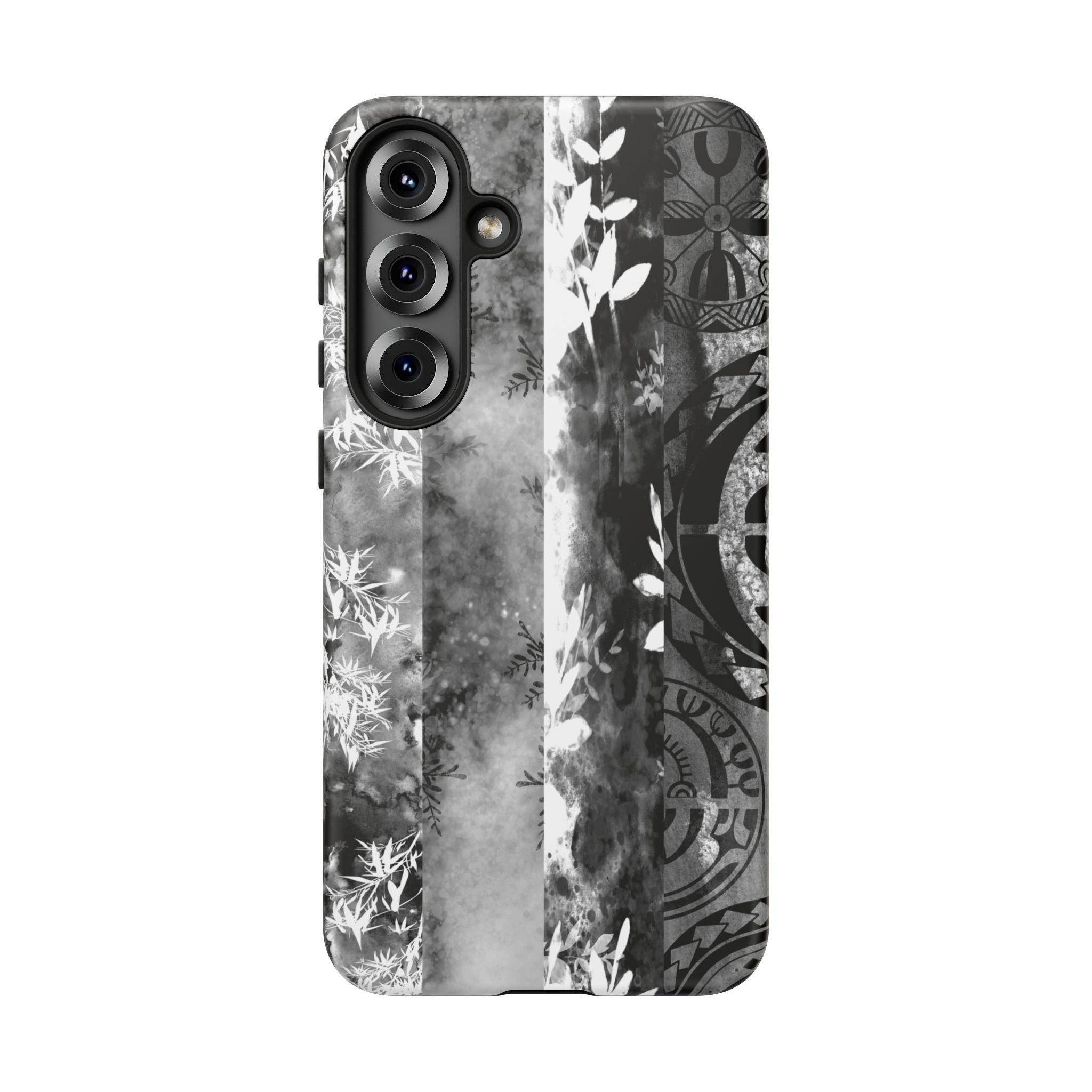 Woman holding Monochrome Oasis Tough Samsung Galaxy Case - Hawaiian Black White Botanical Tribal Design - The Local Banyan