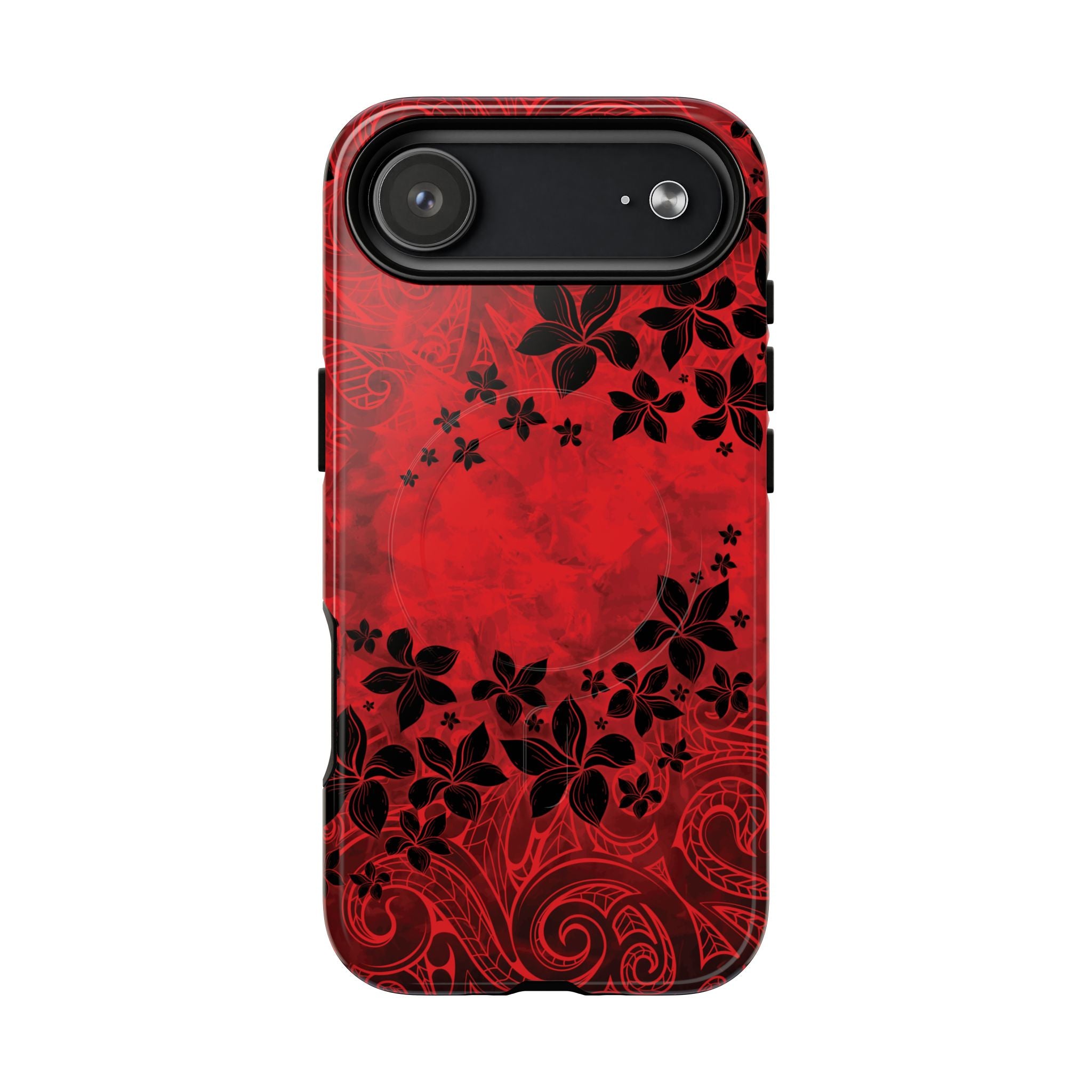 Woman holding Keahi Pua MagSafe iPhone Case - Hawaiian Fire Flower Red Tribal Floral Design - The Local Banyan