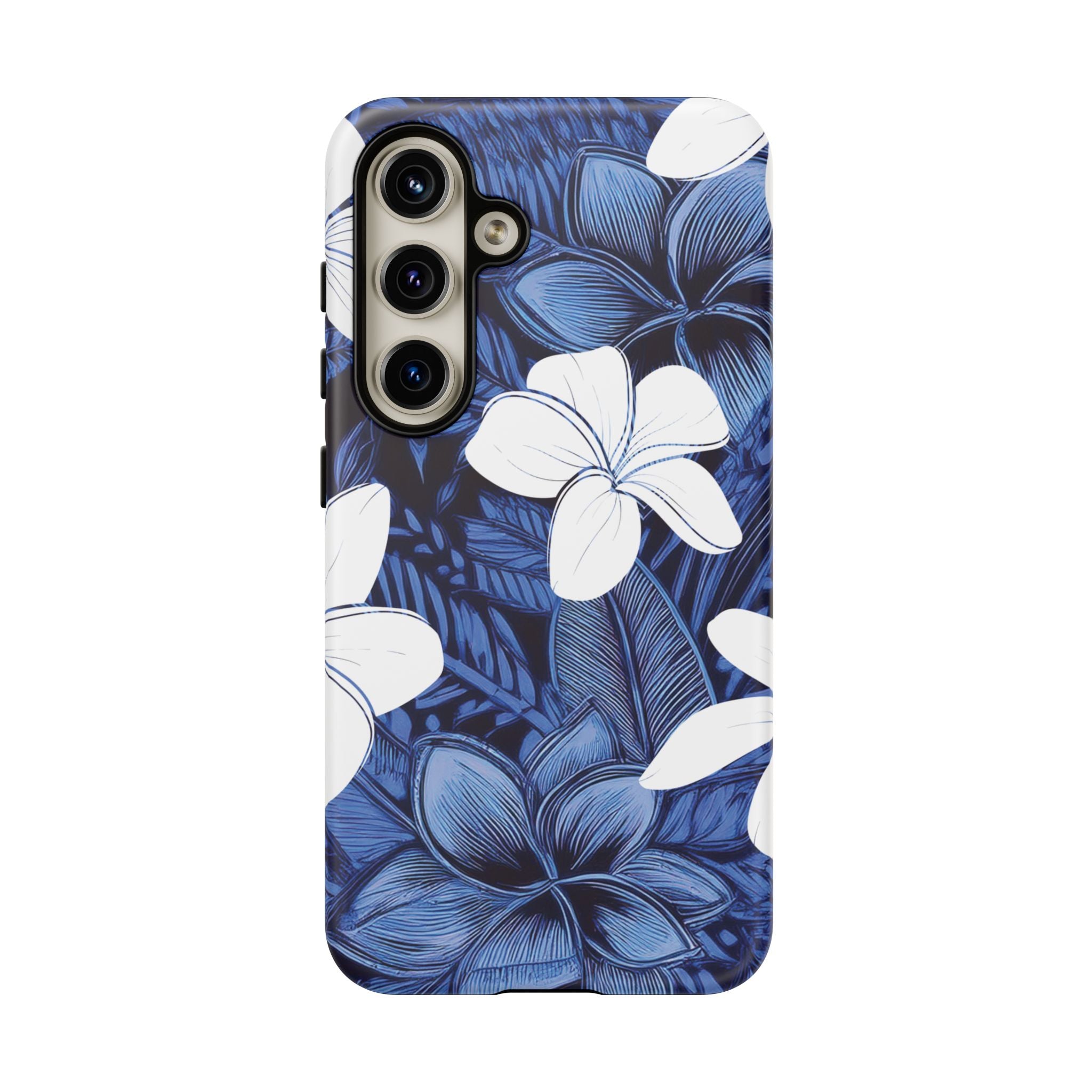 Eternal Blue Plumeria Tough Samsung Galaxy Case Detail View - Hawaiian Blue Plumeria Ocean Floral Design Close Up - The Local Banyan