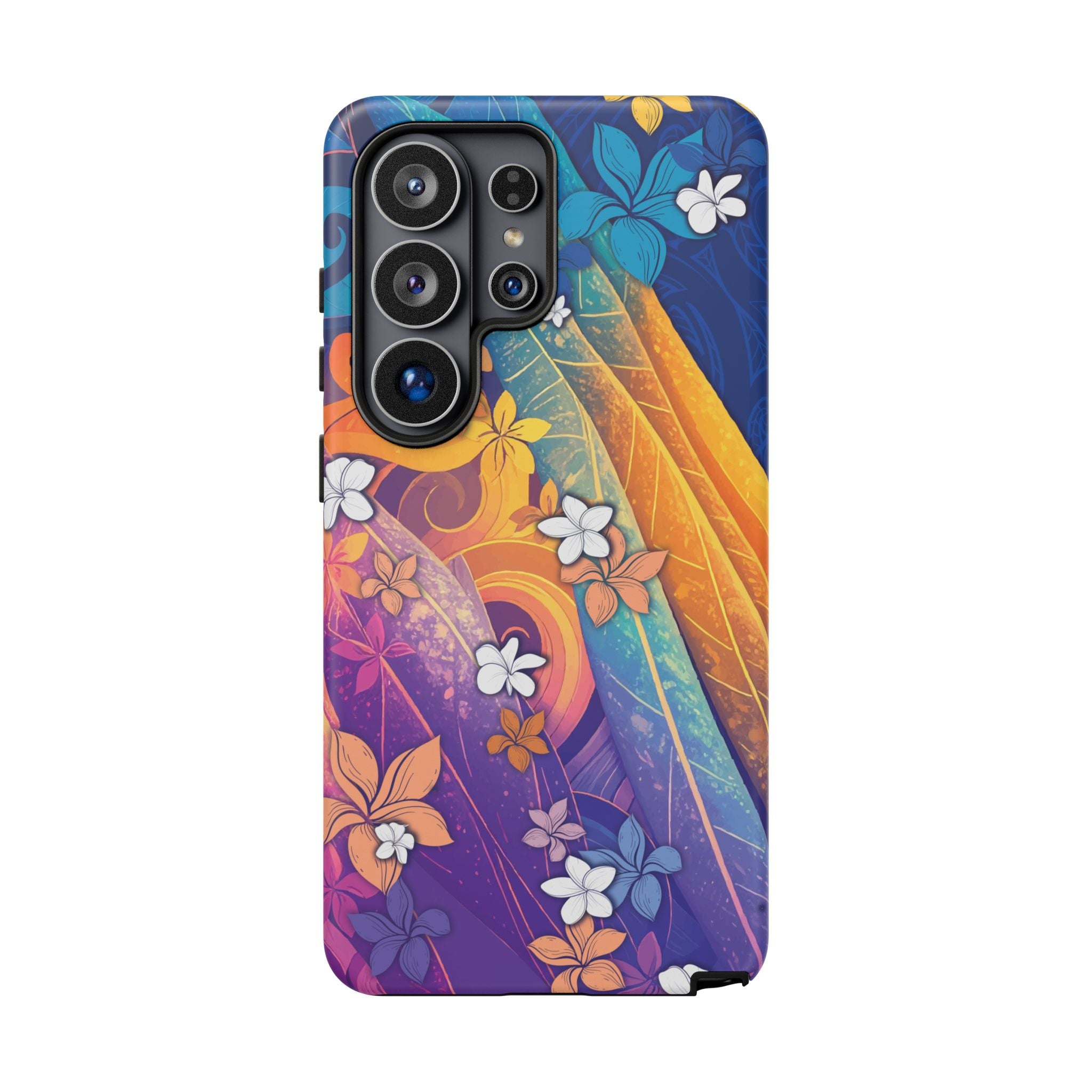 Woman holding Mauna Sunrise Tough Samsung Galaxy Case - Hawaiian Colorful Sunrise Plumeria Design - The Local Banyan