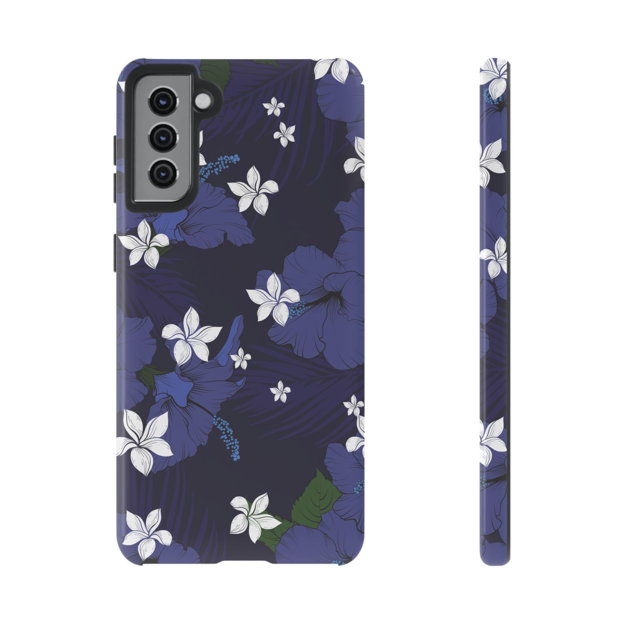 Vintage Blue Tough Samsung Galaxy Case Samsung Galaxy S21 Plus Glossy - Hawaiian Indigo Hibiscus White Plumeria Design - The Local Banyan