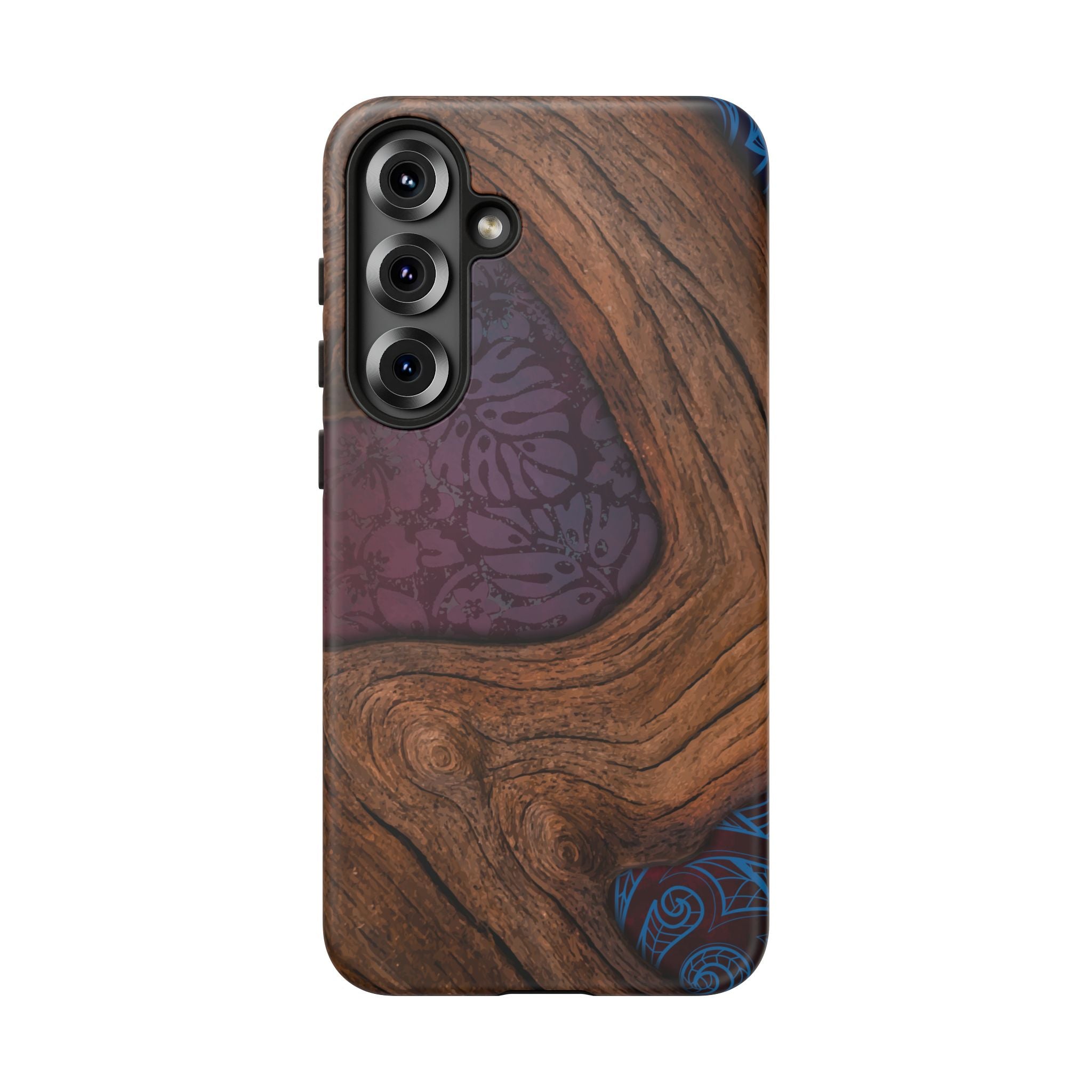 Woman holding Rooted Tough Samsung Galaxy Case - Hawaiian Koa Wood Island Strength Tribal Design - The Local Banyan
