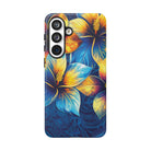 Woman holding Pua La Tough Samsung Galaxy Case - Hawaiian Golden Hibiscus Sun Flower Sapphire Design - The Local Banyan