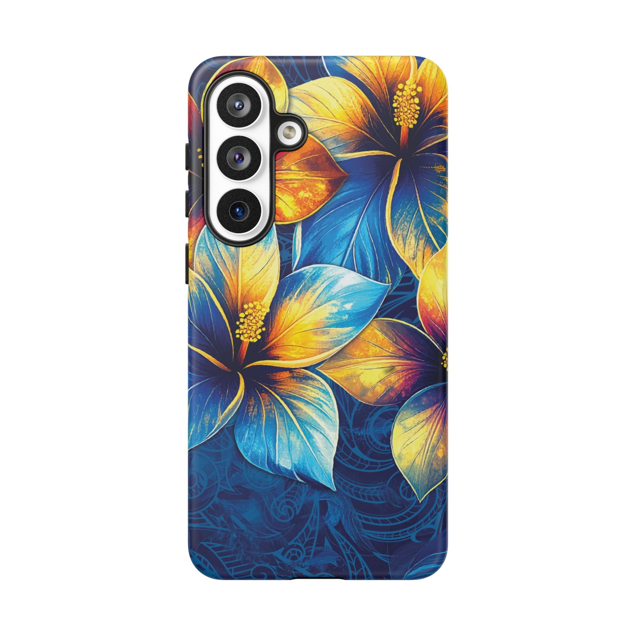 Woman holding Pua La Tough Samsung Galaxy Case - Hawaiian Golden Hibiscus Sun Flower Sapphire Design - The Local Banyan
