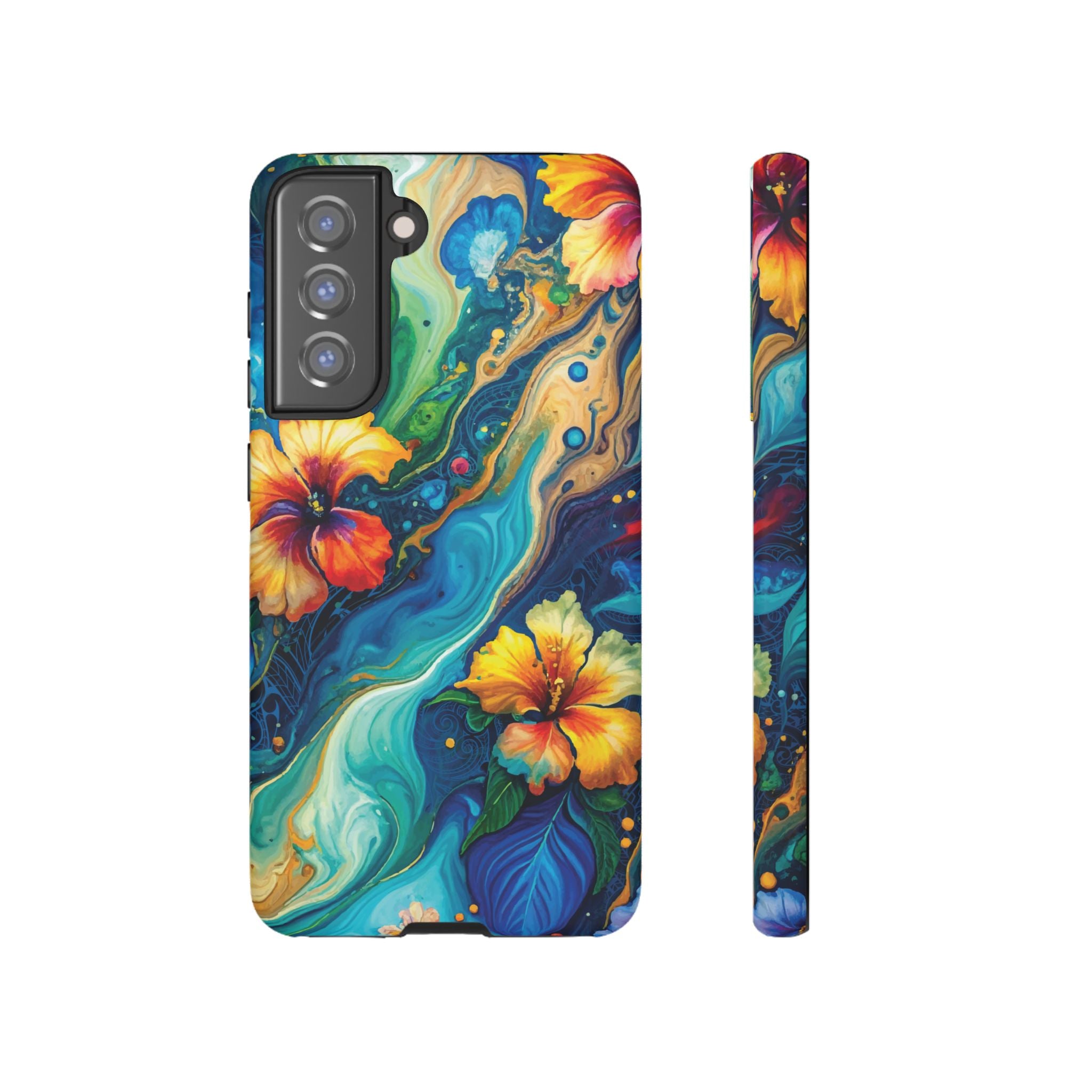 Aloalo Drift Tough Samsung Galaxy Case Samsung Galaxy S21 FE Matte - Hawaiian Hibiscus Teal Ocean Wave Design - The Local Banyan