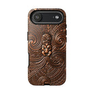 Woman holding Paa Guardian Tough iPhone Case - Hawaiian Copper Carved Tiki Polynesian Design - The Local Banyan