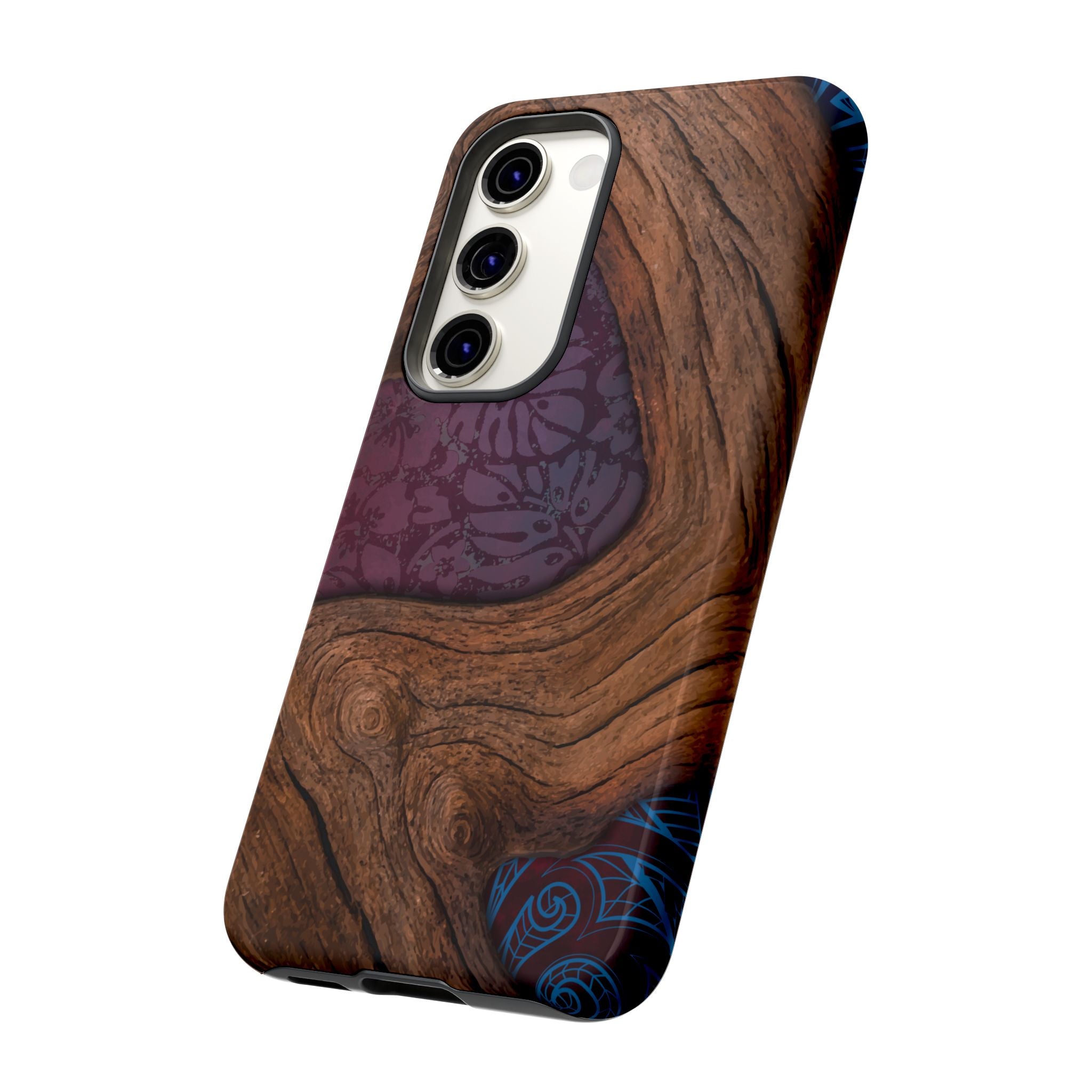 Woman holding Rooted Tough Samsung Galaxy Case - Hawaiian Koa Wood Island Strength Tribal Design - The Local Banyan