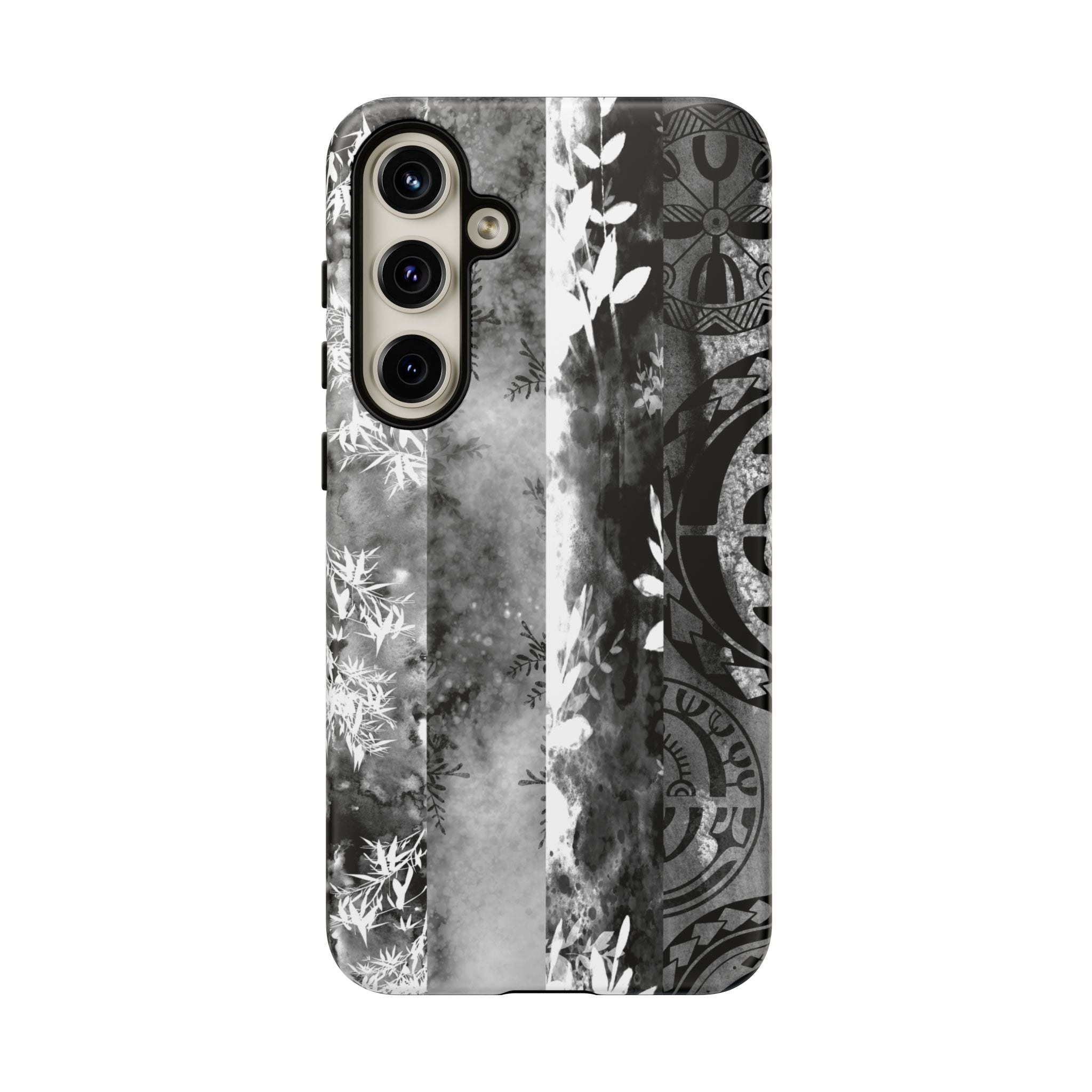 Woman holding Monochrome Oasis Tough Samsung Galaxy Case - Hawaiian Black White Botanical Tribal Design - The Local Banyan