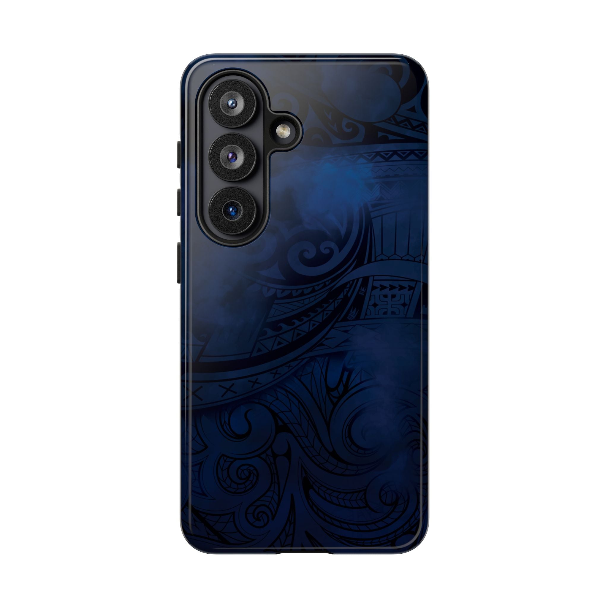 Woman holding Midnight Essence Tough Samsung Galaxy Case - Hawaiian Midnight Navy Polynesian Tribal Design - The Local Banyan