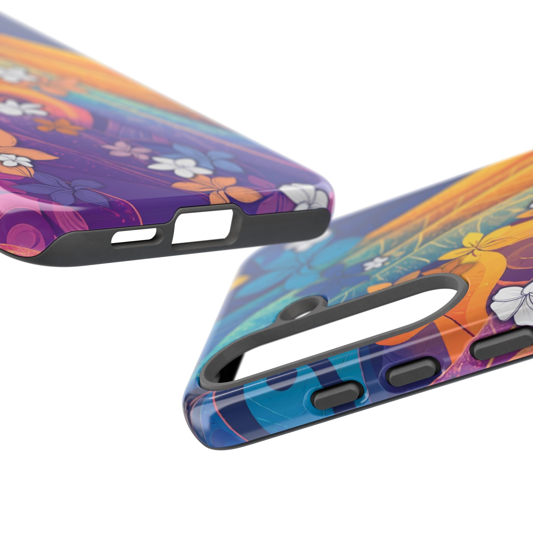 Woman holding Mauna Sunrise Tough Samsung Galaxy Case - Hawaiian Colorful Sunrise Plumeria Design - The Local Banyan