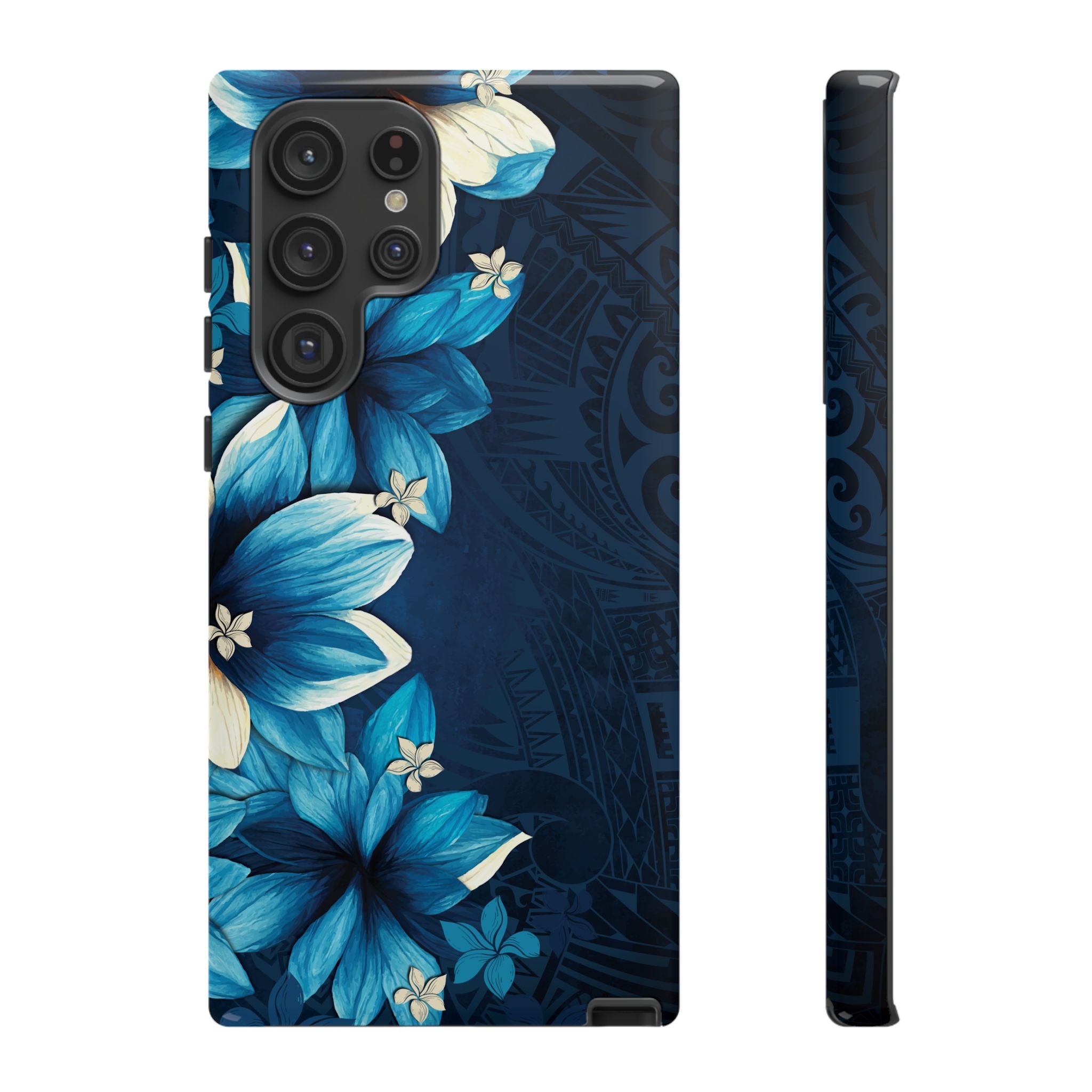 Leilani Nights Tough Samsung Galaxy Case Detail View - Hawaiian Dark Blue Floral Polynesian Design Close Up - The Local Banyan