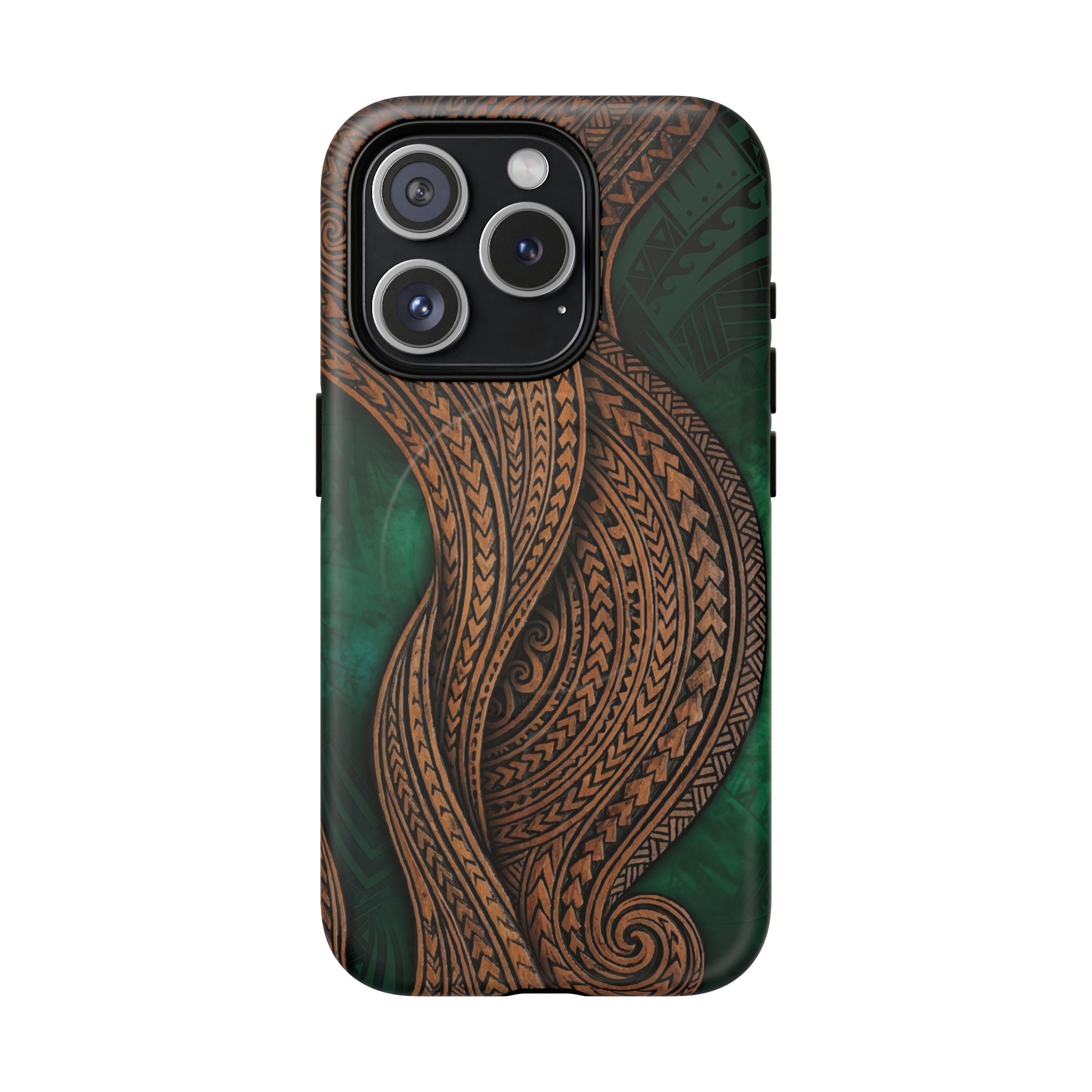 Island Kalai MagSafe iPhone Case iPhone 15 Pro Matte - Hawaiian Carved Wood Grain Emerald Green Tribal Design - The Local Banyan