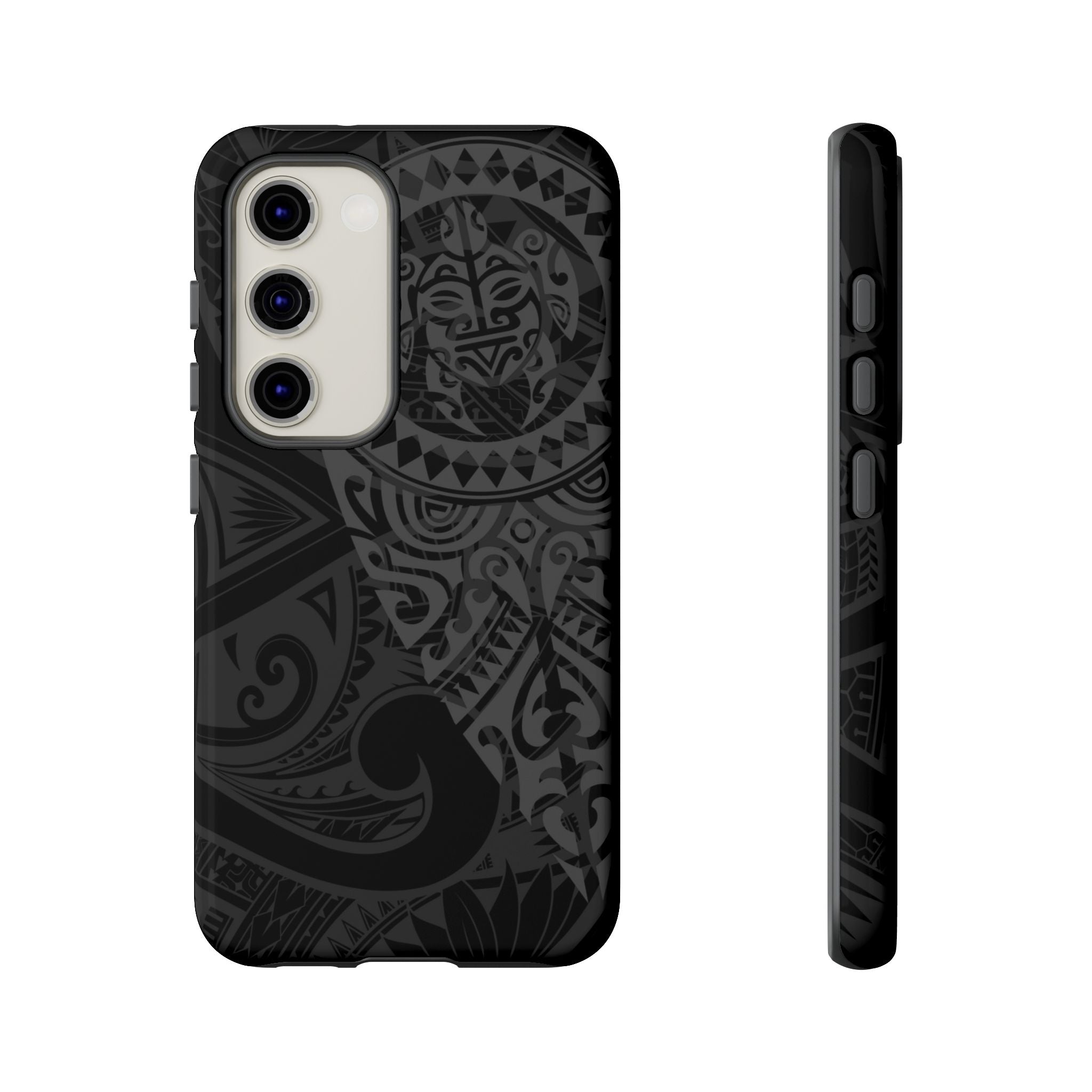 Tribal Guardian Tough Samsung Galaxy Case Detail View - Hawaiian Black on Black Polynesian Tribal Design Close Up - The Local Banyan