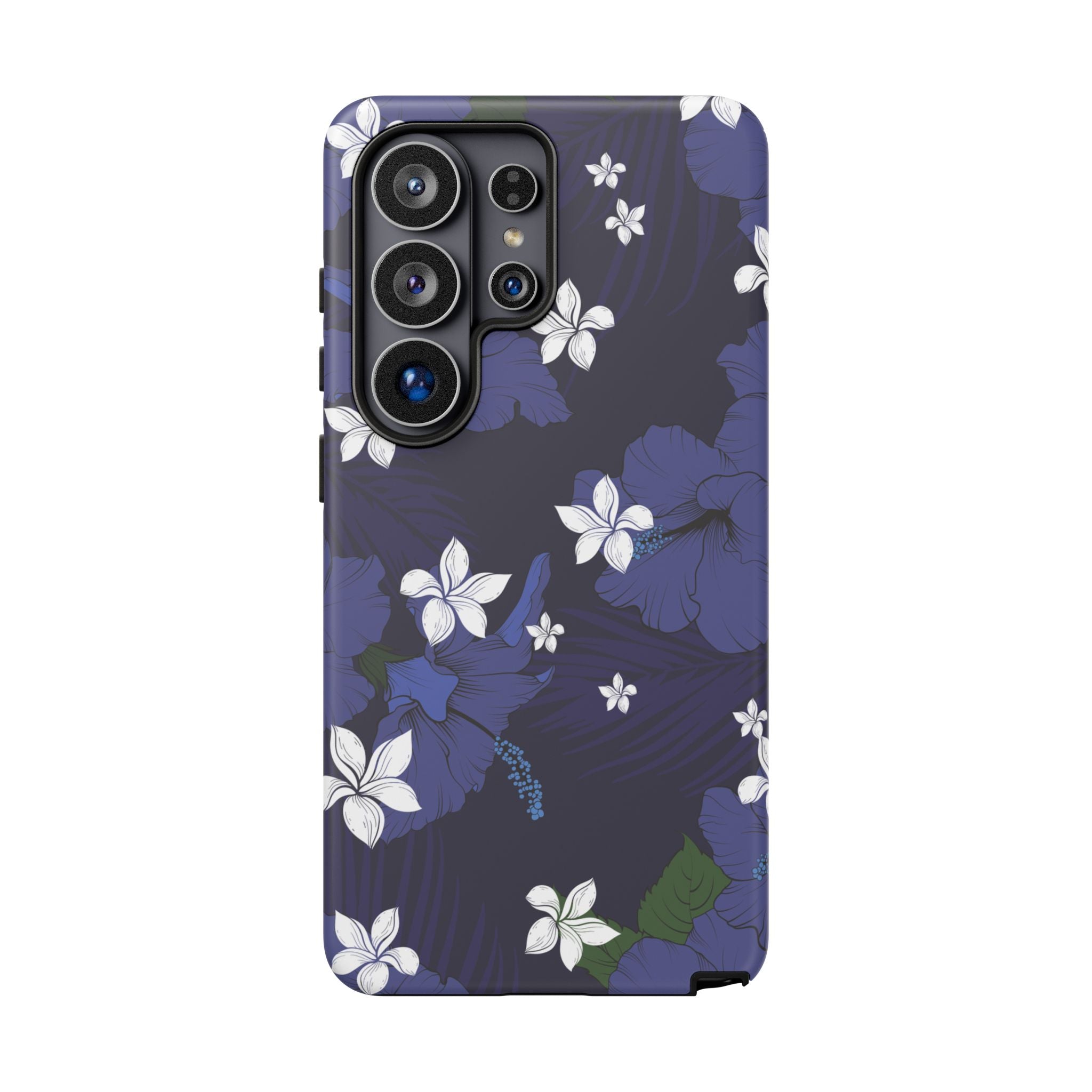 Vintage Blue Tough Samsung Galaxy Case Samsung Galaxy S26 Ultra Matte - Hawaiian Indigo Hibiscus White Plumeria Design - The Local Banyan