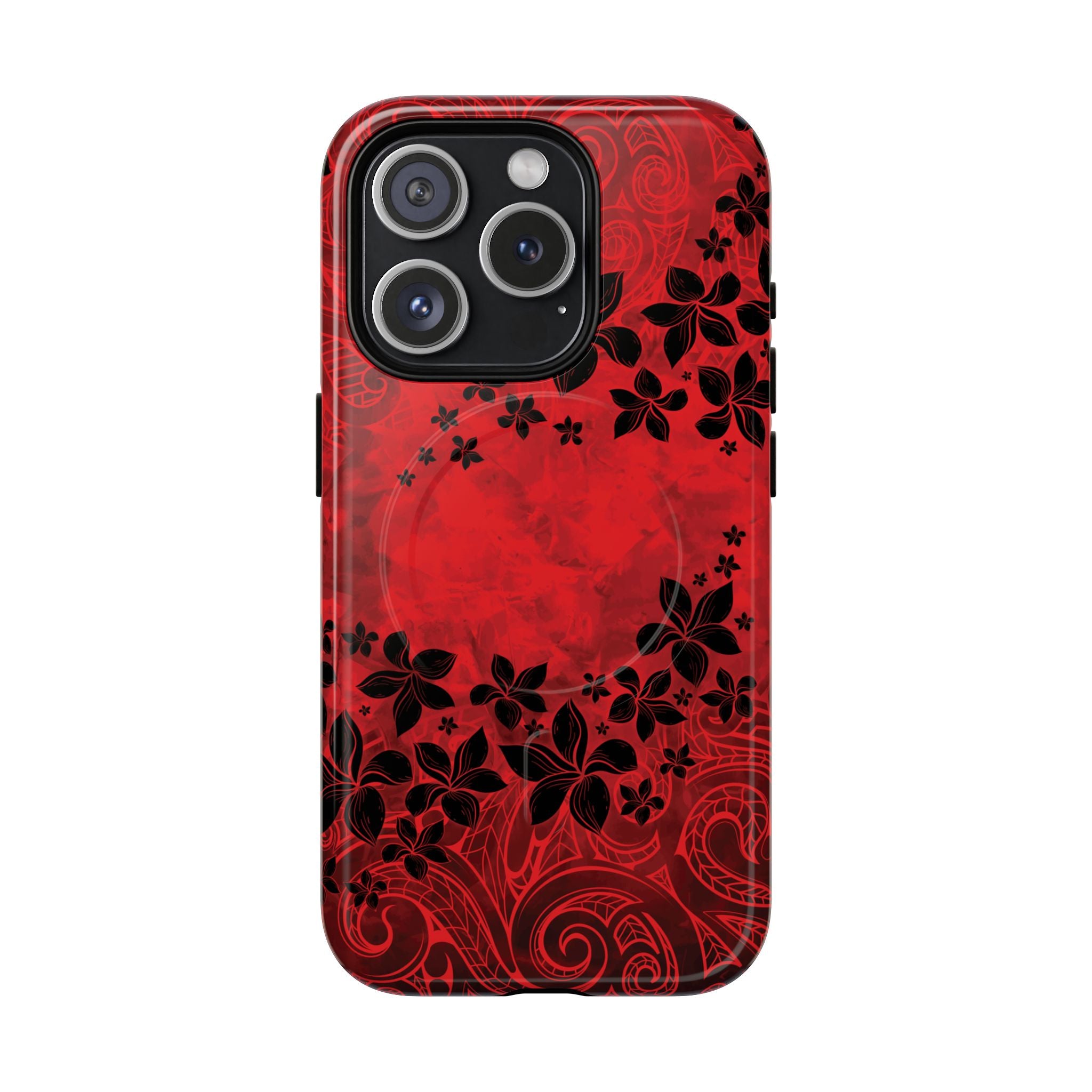 Keahi Pua MagSafe iPhone Case iPhone 15 Pro Glossy - Hawaiian Fire Flower Red Tribal Floral Design - The Local Banyan