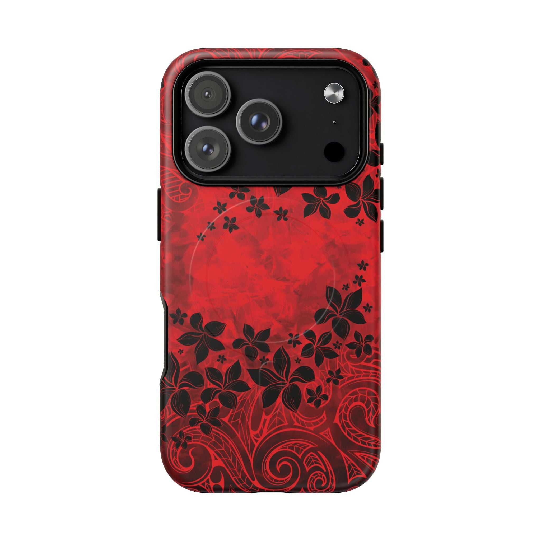 Woman holding Keahi Pua MagSafe iPhone Case - Hawaiian Fire Flower Red Tribal Floral Design - The Local Banyan