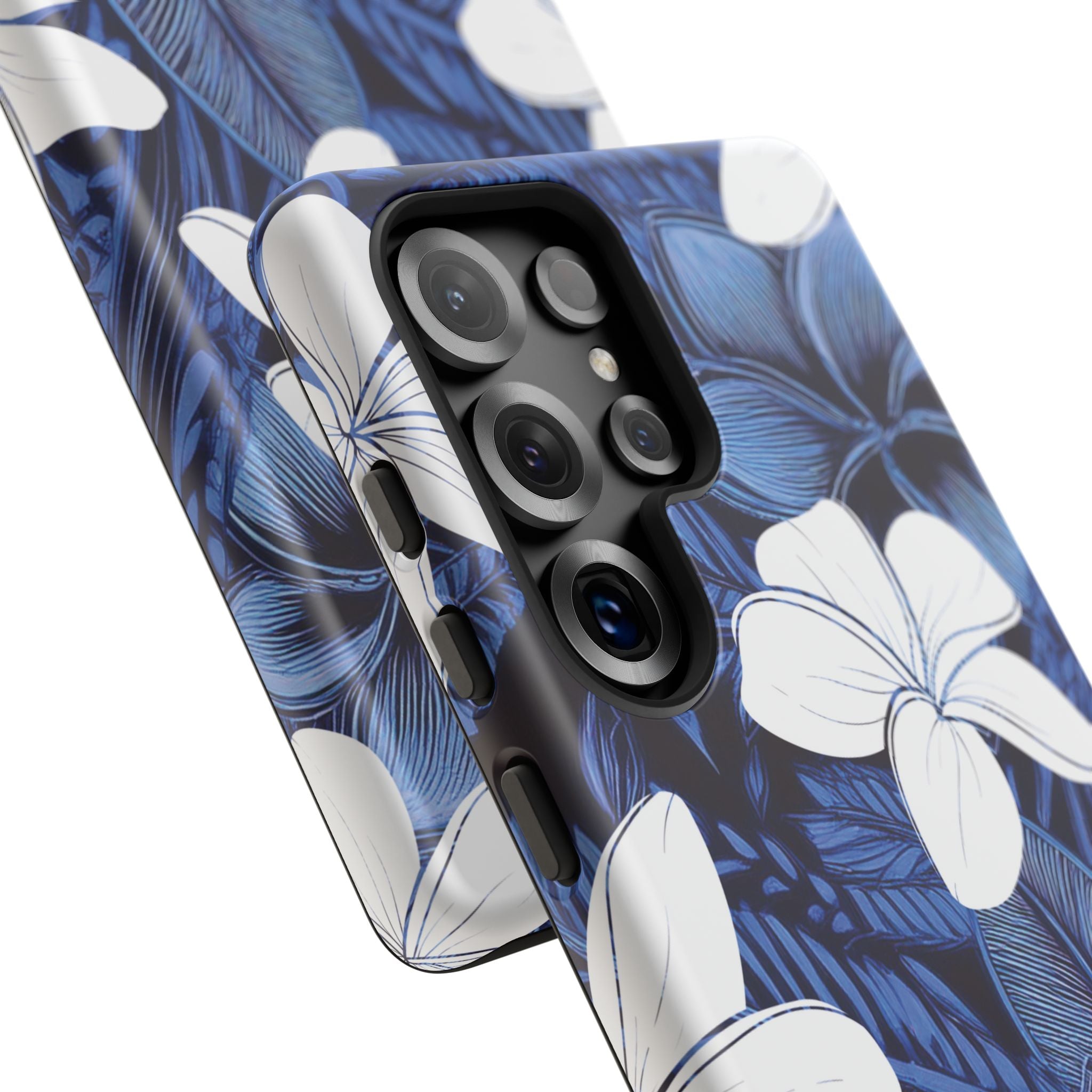 Eternal Blue Plumeria Tough Samsung Galaxy Case Detail View - Hawaiian Blue Plumeria Ocean Floral Design Close Up - The Local Banyan